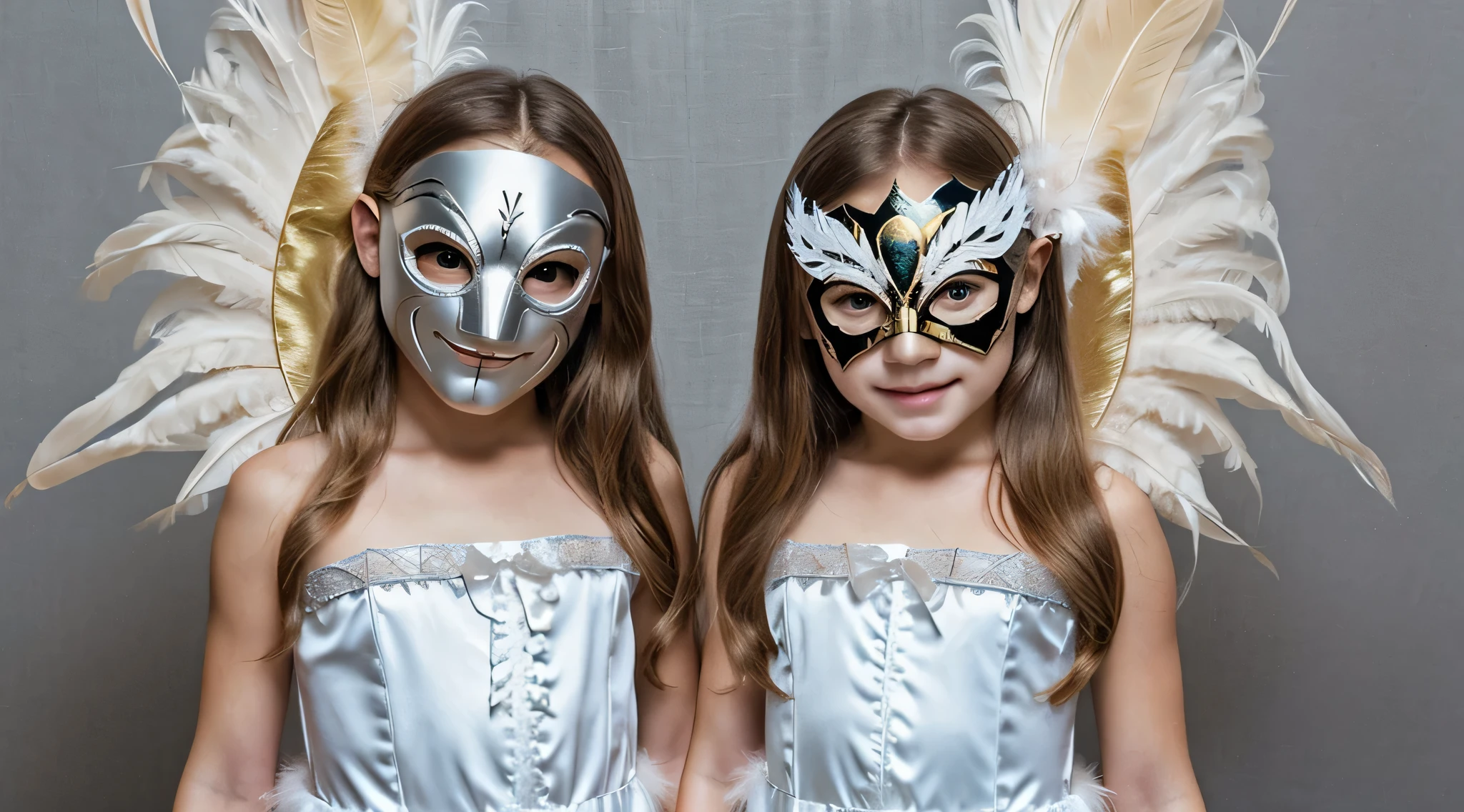 two blonde children dressed in costumes with masks and feathers, fotografia premiada de terror, fotografia de terror, angelic and unsettling, Arte de terror surreal, 2 anjos, imagem assustadora espiritual, fotografia assustadora, , Surrealismo assustador