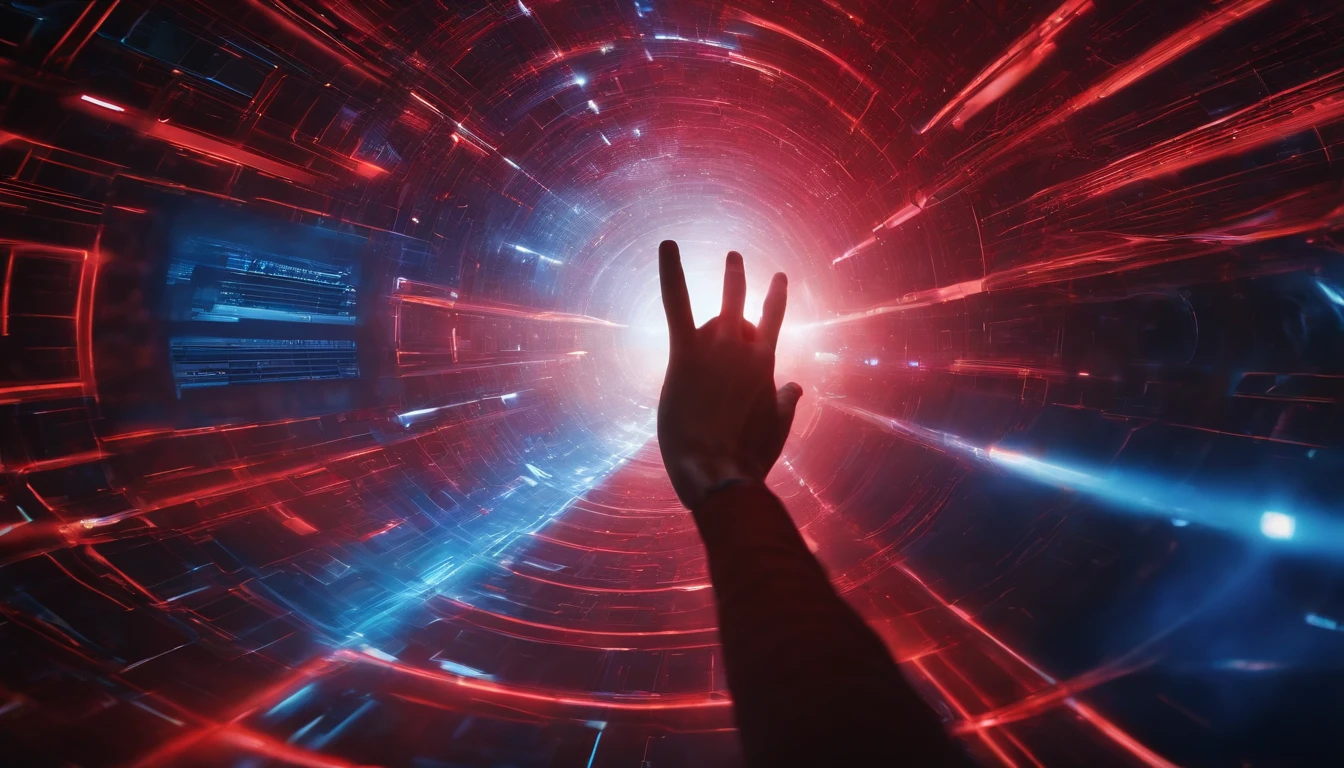 Capture a wide-angle shot of a person interacting with a red and blue blurred wormhole interface, highlighting their hand gestures and the futuristic technology surrounding them
