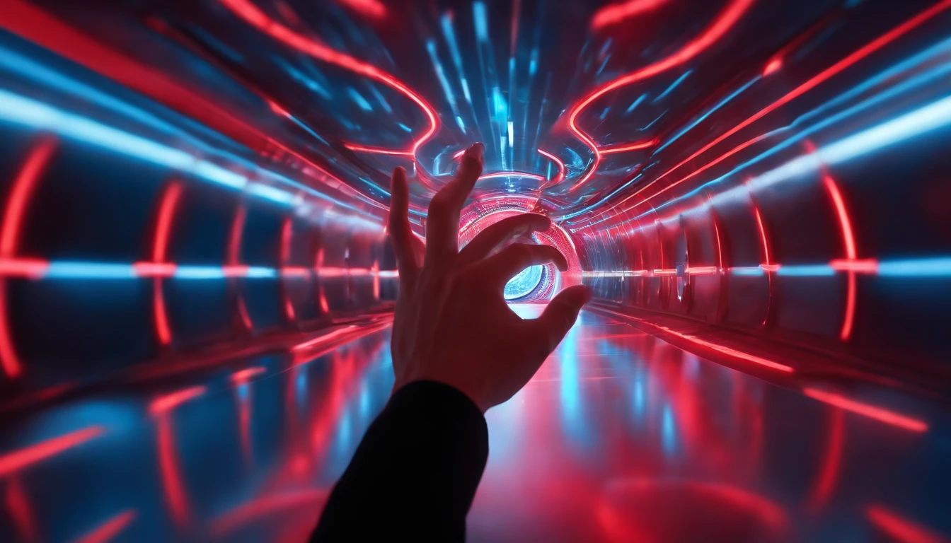 Capture a wide-angle shot of a person interacting with a red and blue blurred wormhole interface, highlighting their hand gestures and the futuristic technology surrounding them