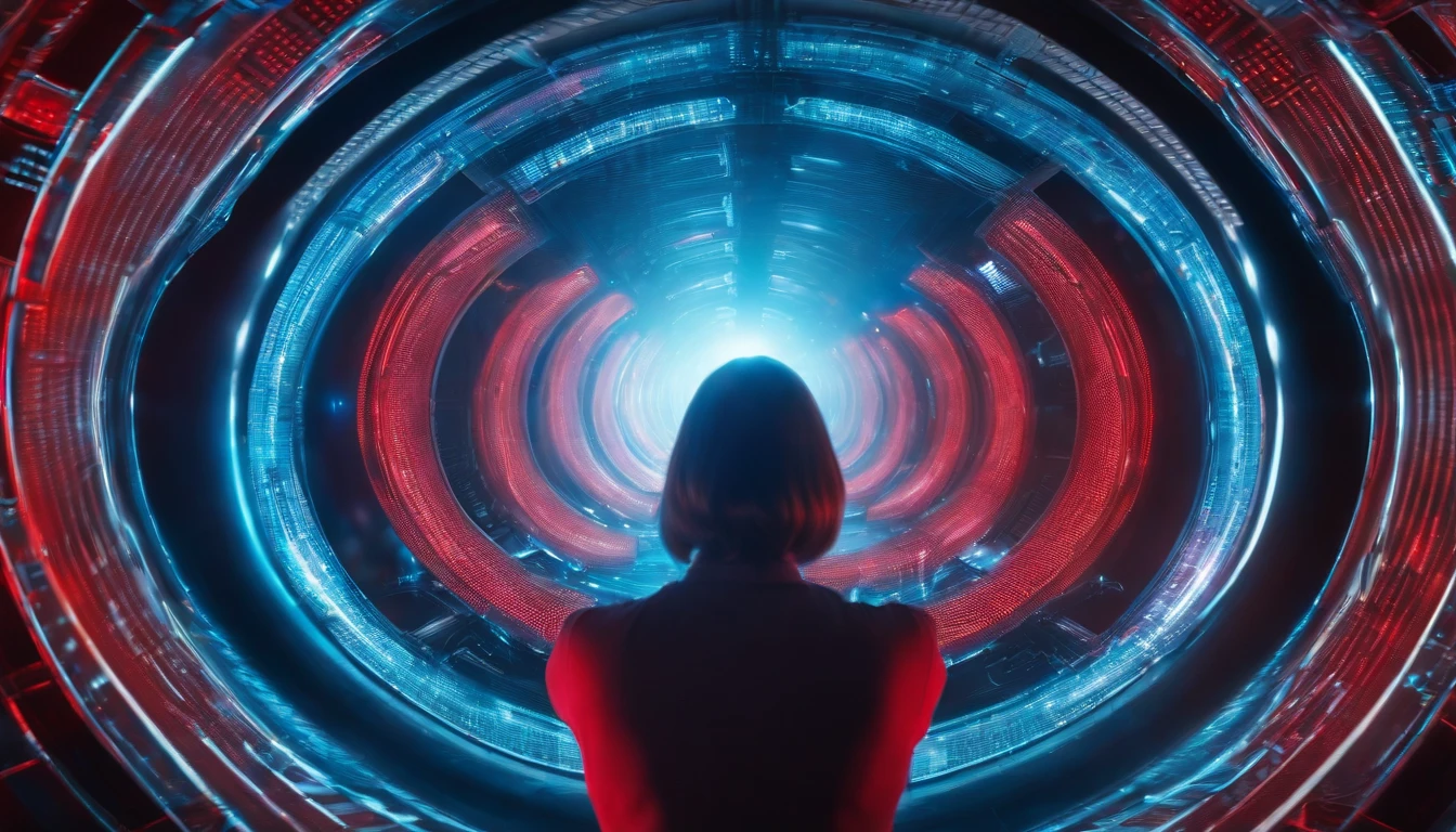 Capture a wide-angle shot of a person interacting with a red and blue blurred wormhole interface, highlighting their hand gestures and the futuristic technology surrounding them
