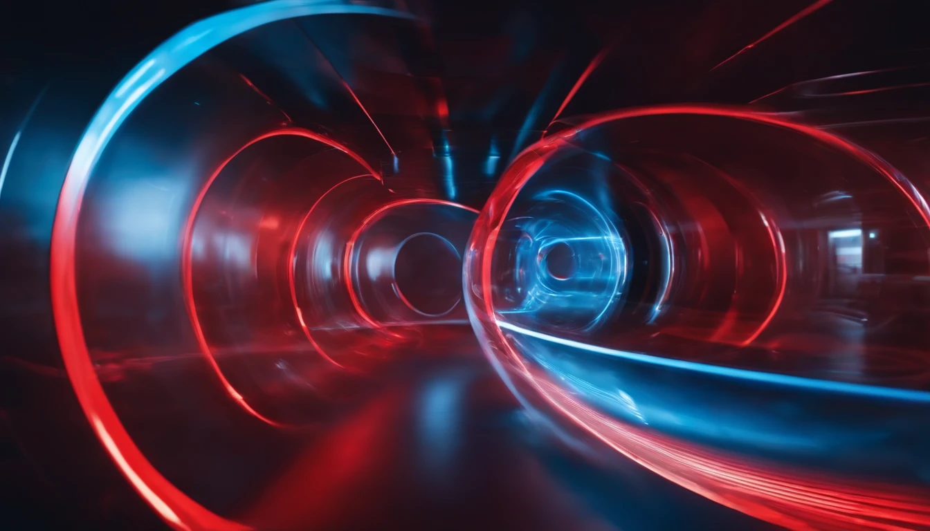 Capture a creative shot of a red and blue blurred wormhole interface projected onto a transparent surface, creating a futuristic and immersive visual experience