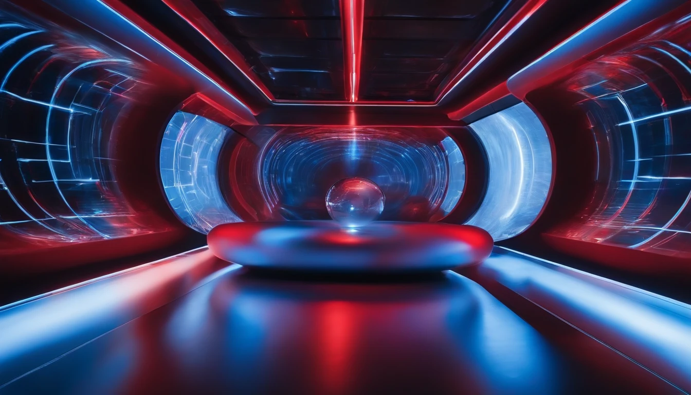 Capture a creative shot of a red and blue blurred wormhole interface projected onto a transparent surface, creating a futuristic and immersive visual experience