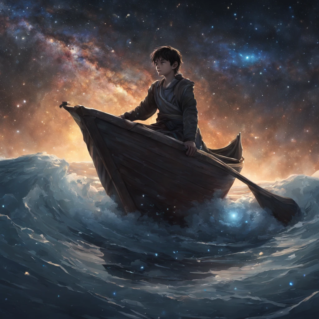 A boy sitting in a boat, holding a sword tightly in his hand, wearing a flowing cape. The boy appears lonely, surrounded by the vastness of the sea of stars. The boat floats amidst a breathtaking vista, with stars twinkling in the night sky. The image aims to capture the essence of romance and evoke a sense of smallness in the grand universe. The artwork will be of the highest quality, with a resolution of 4k or 8k, ensuring ultra-detailed rendering. The final image will be realistic and photorealistic, with vibrant colors and professional lighting techniques.