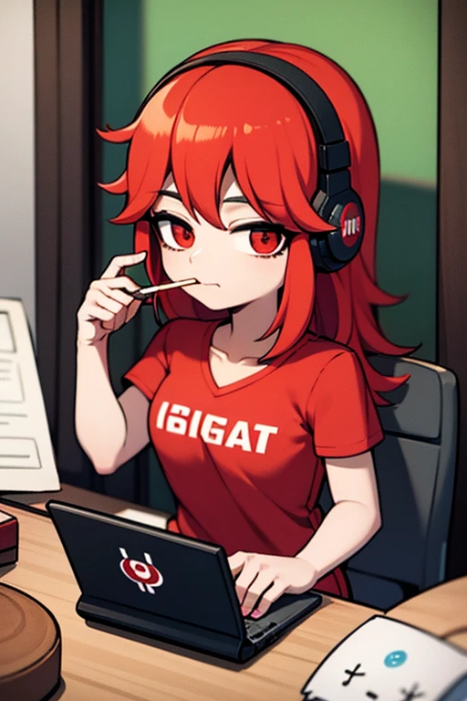 A red haired female gamer with red eyes is playing on her computer while eating a pocky stick with rabbit headphones.