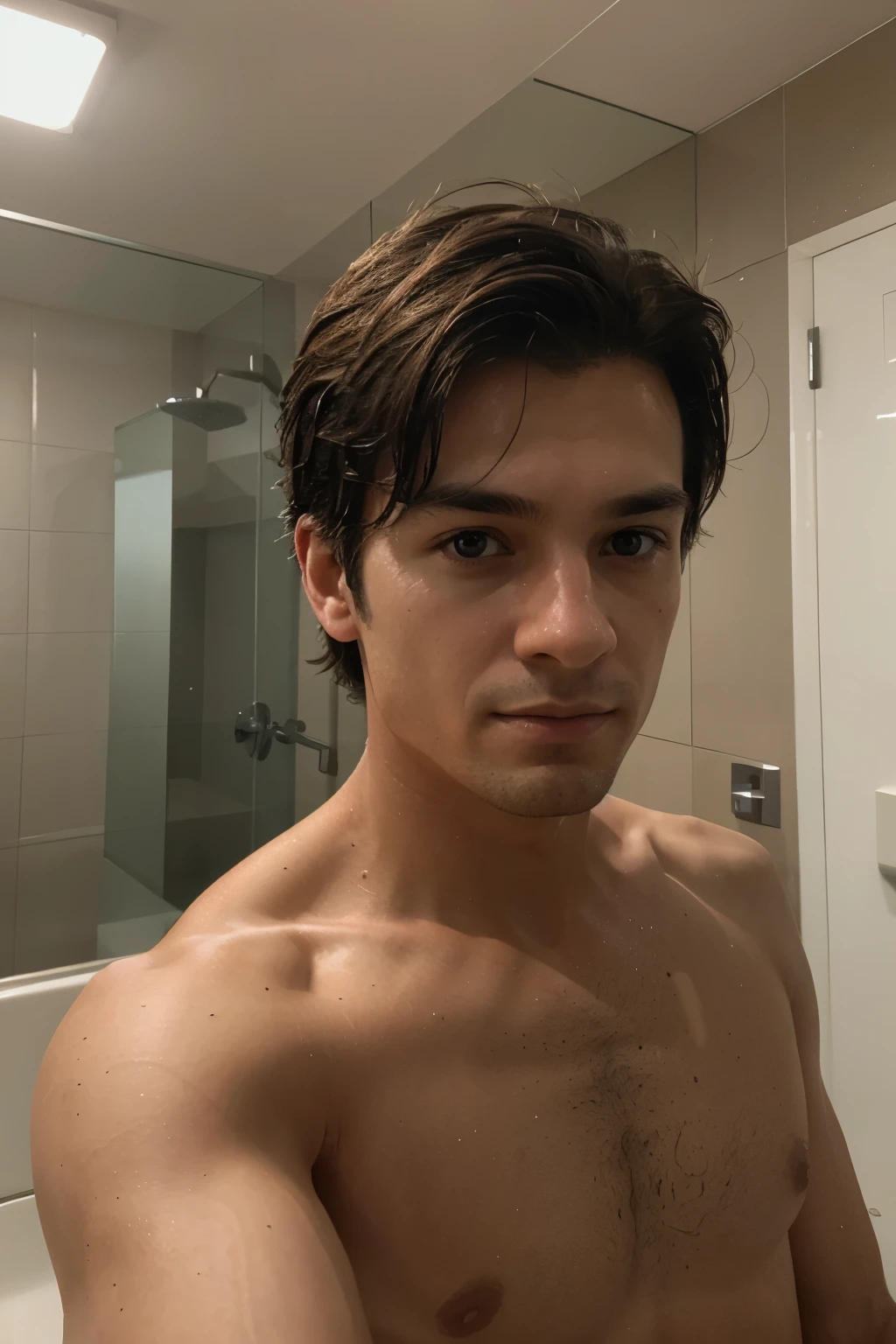 Generate a photorealistic image of a charmless male in a bathroom without any filters and looking like it was taken with a cheap smartphone. Consider the following parameters: - Gender: male - Pose: holding a phone in his hanle of shooting: from below to above - Lighting: low - Background: neutral