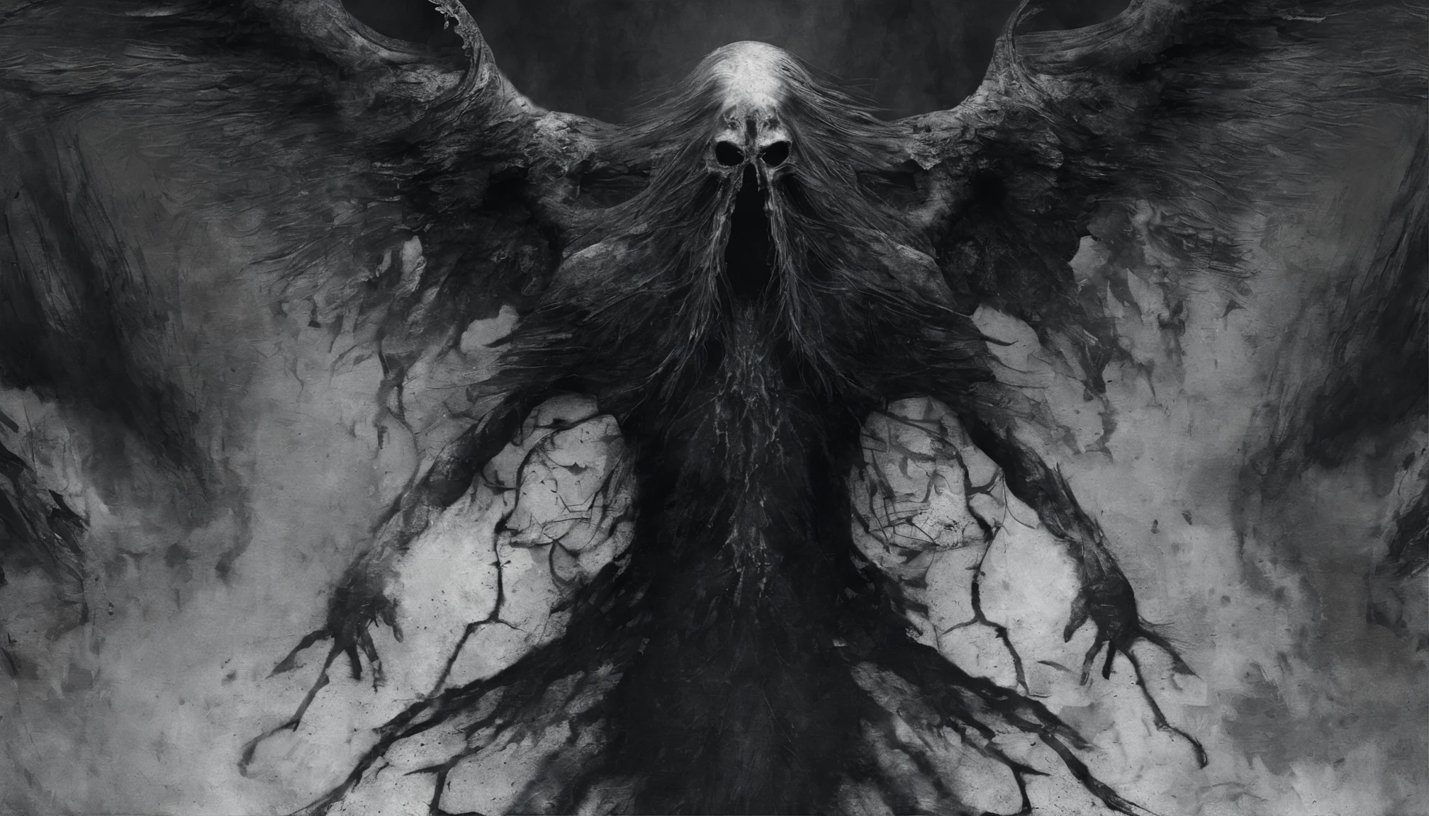 A creature inside of an explosion filled with euphoria the head has long hair and a beard, there’s a sword what is sticking outside of the creatures head with the handle sticking outside of its mouth.