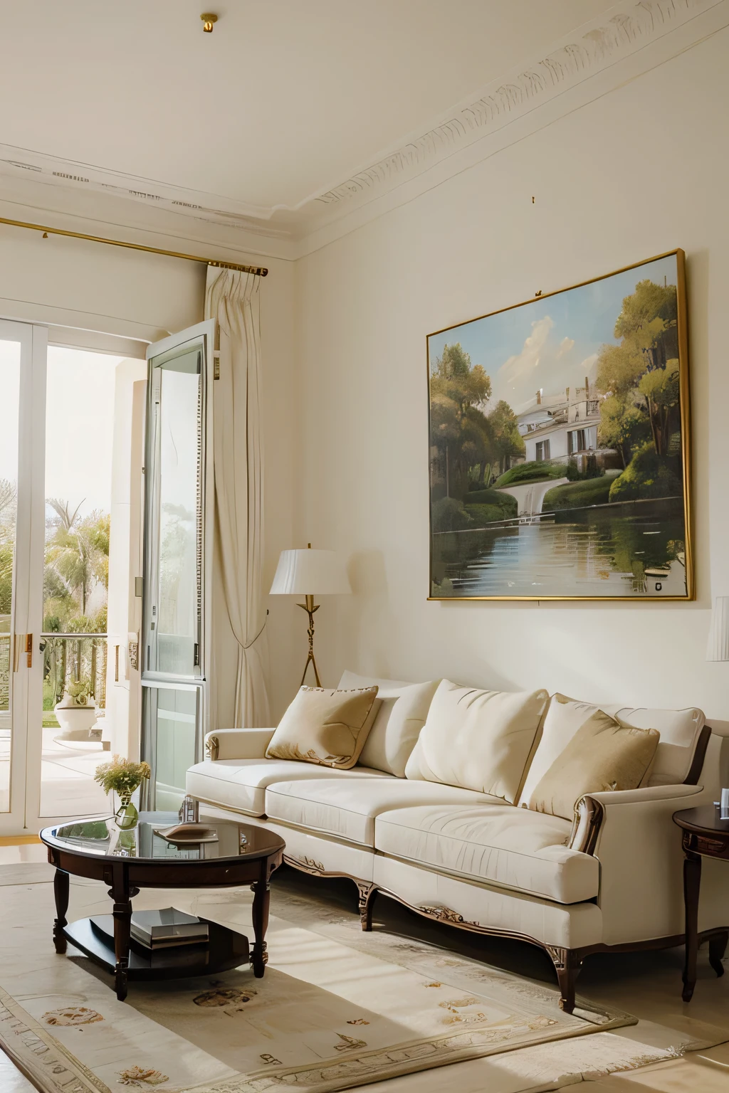 horizontal painting hanging over an expensive sofa. amplia sala de estar, mansion, apredes blancas, Bright living room.