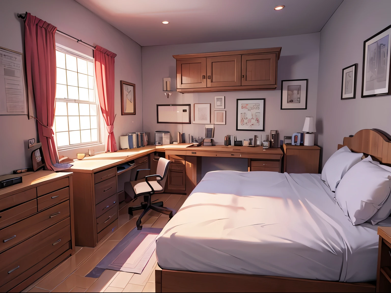(A bedroom with furniture, a computer, a large window, posters on the wall, 2D anime, 4k, high quality, game scene)
