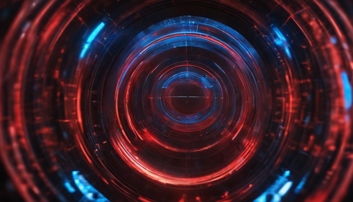 a detail shot of a red and blue blurred wormhole interface on a high-resolution screen, showcasing the crisp and vibrant colors, and the intricate details of the interface design