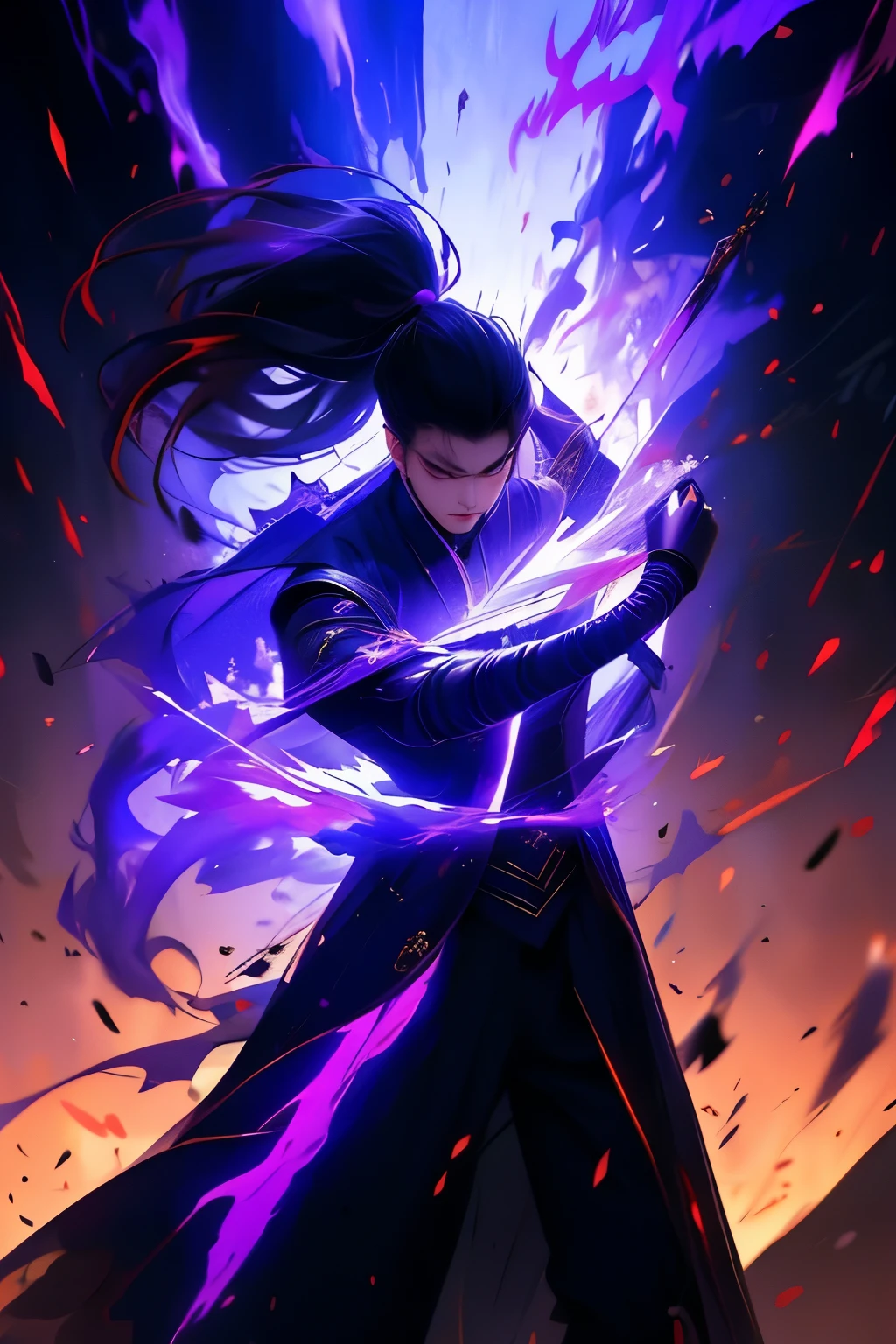 tmasterpiece, Best quality, 超高分辨率, The beautiful, Visually stunning and shocking, Elegant, Incredibly detailed,  Award-winning painting, (Dark art:1.1), Depth shadows, , genome,   Angry, glowing, purple aura, Flying debris, Flying debris,    1 boy,Long hair and high ponytail, Torn clothes,