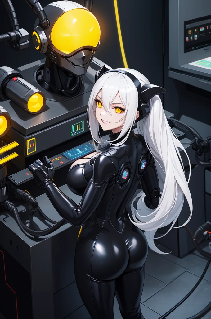 robotic woman, black rubber bodysuit, long black rubber boots, long black rubber gloves, White lab coat, Long white hair, evil mad smile, yellow glowing eyes, wires attach to back, machines on back.