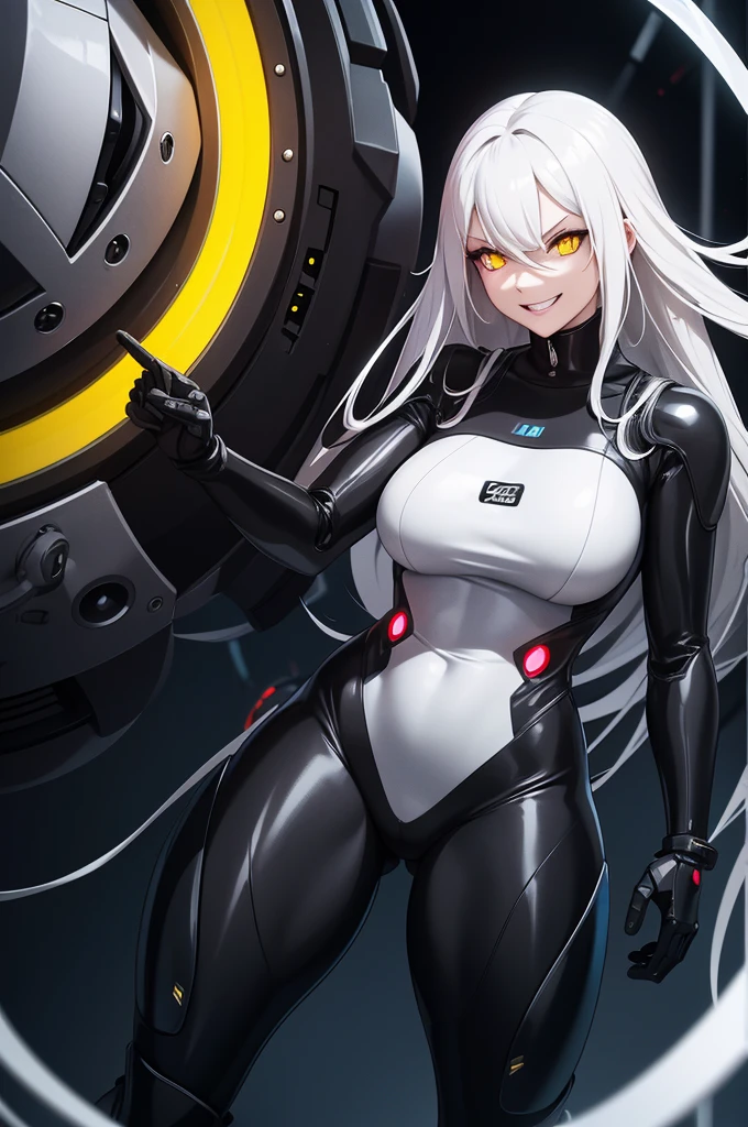 female,solo,very long hair, blue eye,blonde hair,twintails, empty eyes, wind hips, curvy,huge breasts ,humanoid robot, joints, robot, robot joints, shiny, shiny skin, thighs, robot, humanoid robot, robot girl,dark skin (colored skin), (hanger, in container, stasis tank, bubble, underwater,) laboratory, expressionless,cowboy shot,