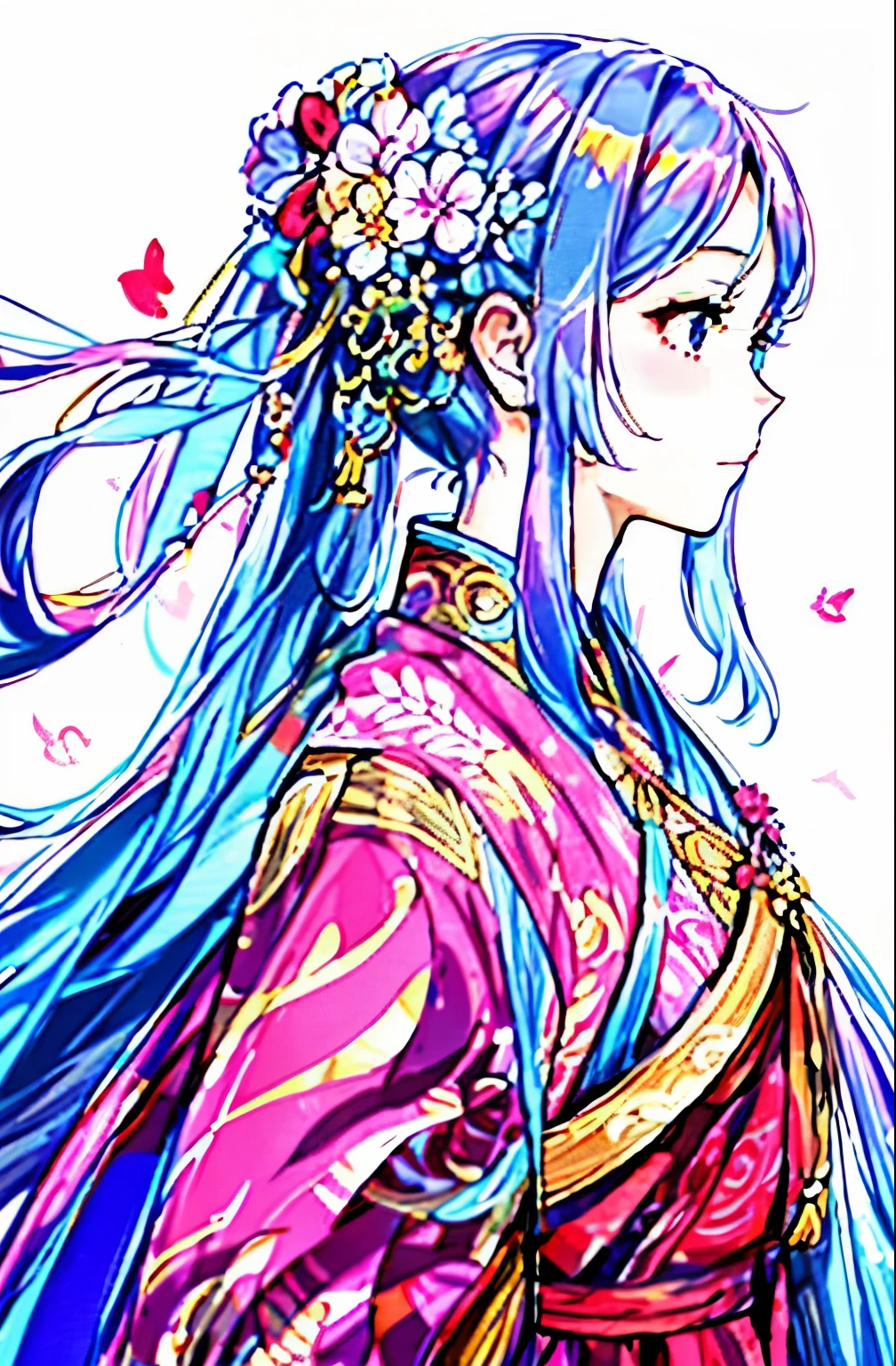 Long-haired woman,A flower stuck in his hair, detailed manga style, extremely higly detailed