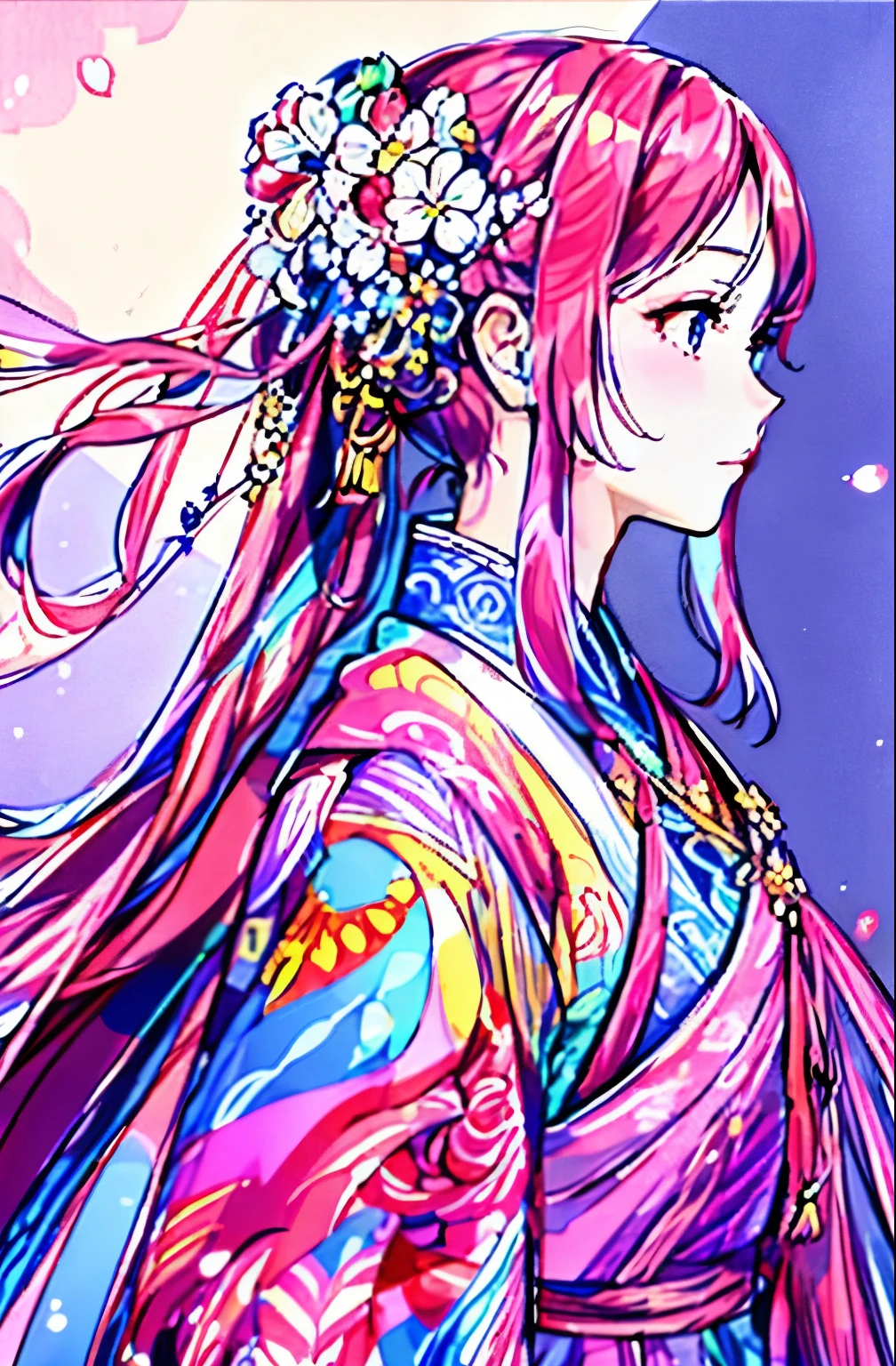 Long-haired woman，A flower stuck in his hair,  detailed manga style, extremely higly detailed