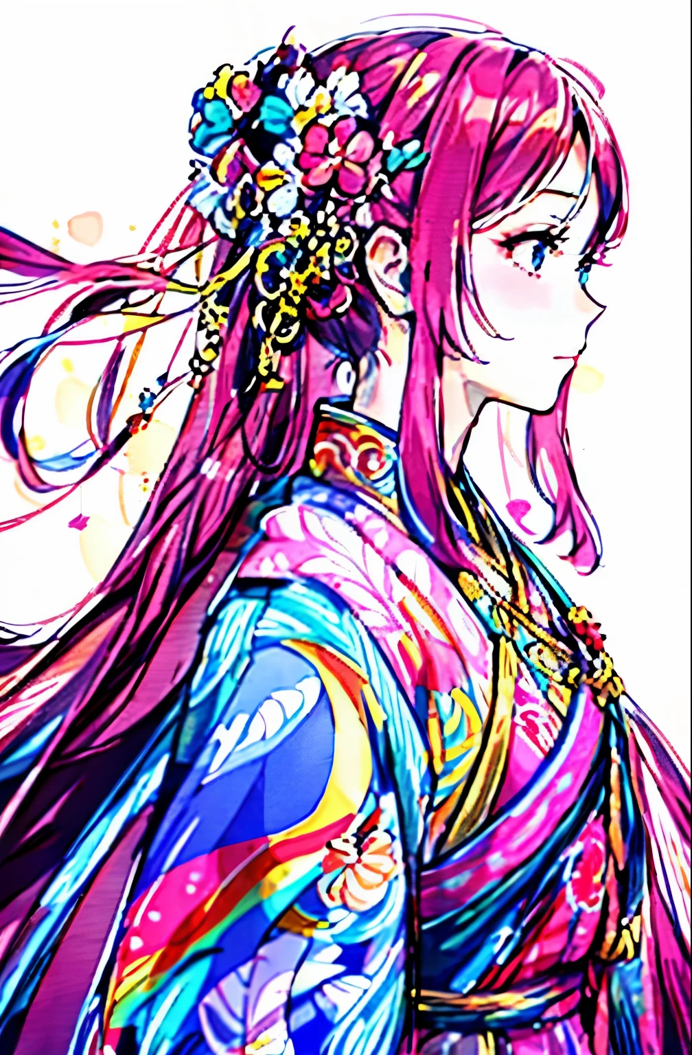Long-haired woman，A flower stuck in his hair,  detailed manga style, extremely higly detailed