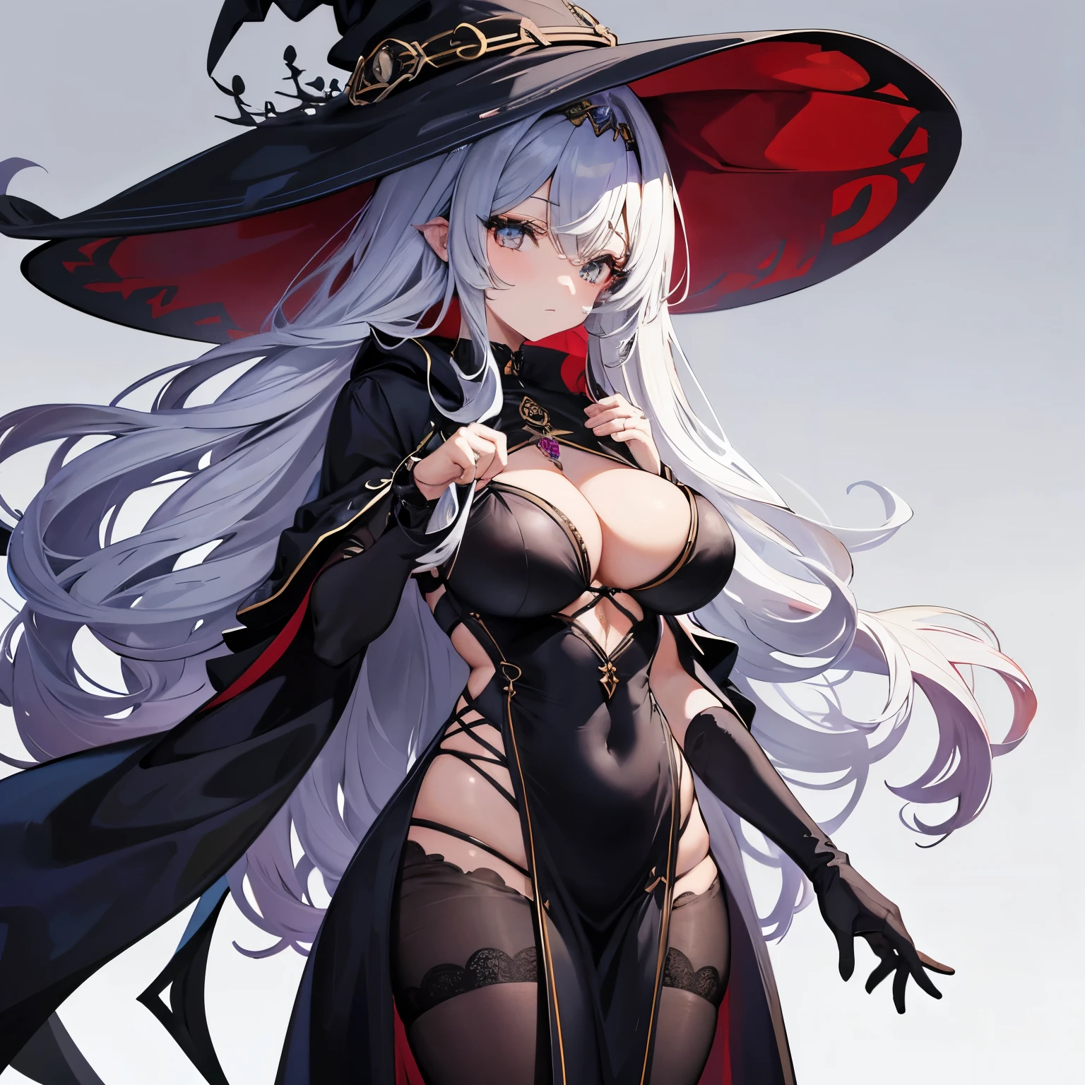 Create a beautiful girl, ela tem uma pele parda, olhos alaranjados brilhantes, her hair is long and curly red, your body has obvious curves like thick thighs, quadris largos, cintura fina. Her outfit is that of a futuristic witch, with a big witch's hat.
