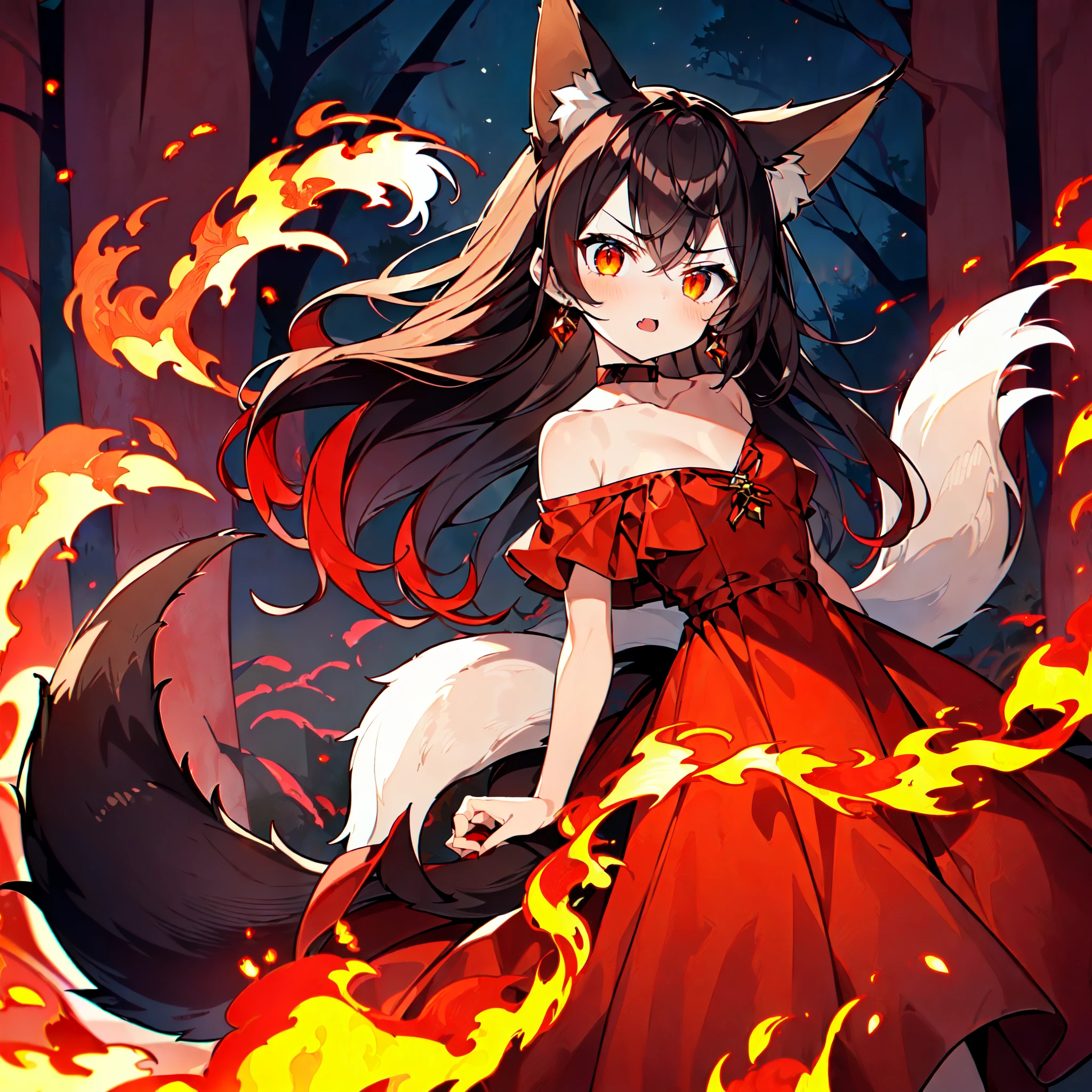 1girl, dark brown hair, colorful, very high quality, perfect, (((insane details))), ((dark brown fox ears and one fox tail)), (((only 1 fox tail))), full body, HDR, UHD, 64K, highly detailed, (((magically hovering red flame above hand))), (((tip of tail covered in red flames))), (((tip of tail engulfed in red flames))), ((((night sky)))), ((((dark forest)))), (((looks tough))), ((wearing red dress)), (((no flames everywhere)))