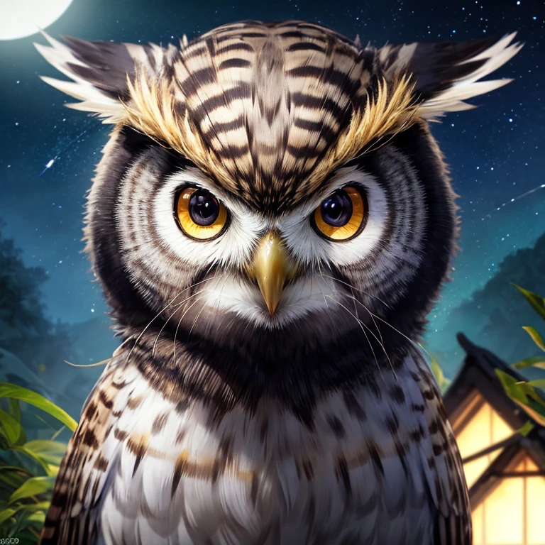 A close-up portrait of owl at night, Pirilampos, vista noturna perfeita da selva, efeitos incandescentes, bright stars in the sky, best quality, collection of masterpieces, renderizado por Nvidia RTX, ray tracing, 24K UHD resolution, arte extremamente detalhada, landscape art