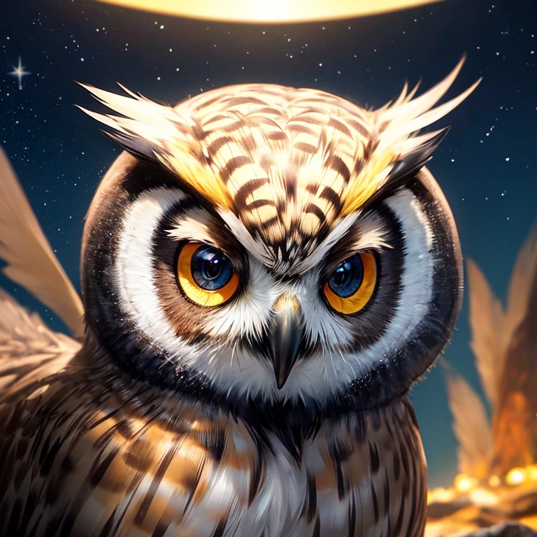 A close-up portrait of owl at night, Pirilampos, vista noturna perfeita da selva, efeitos incandescentes, bright stars in the sky, best quality, collection of masterpieces, renderizado por Nvidia RTX, ray tracing, 24K UHD resolution, arte extremamente detalhada, landscape art