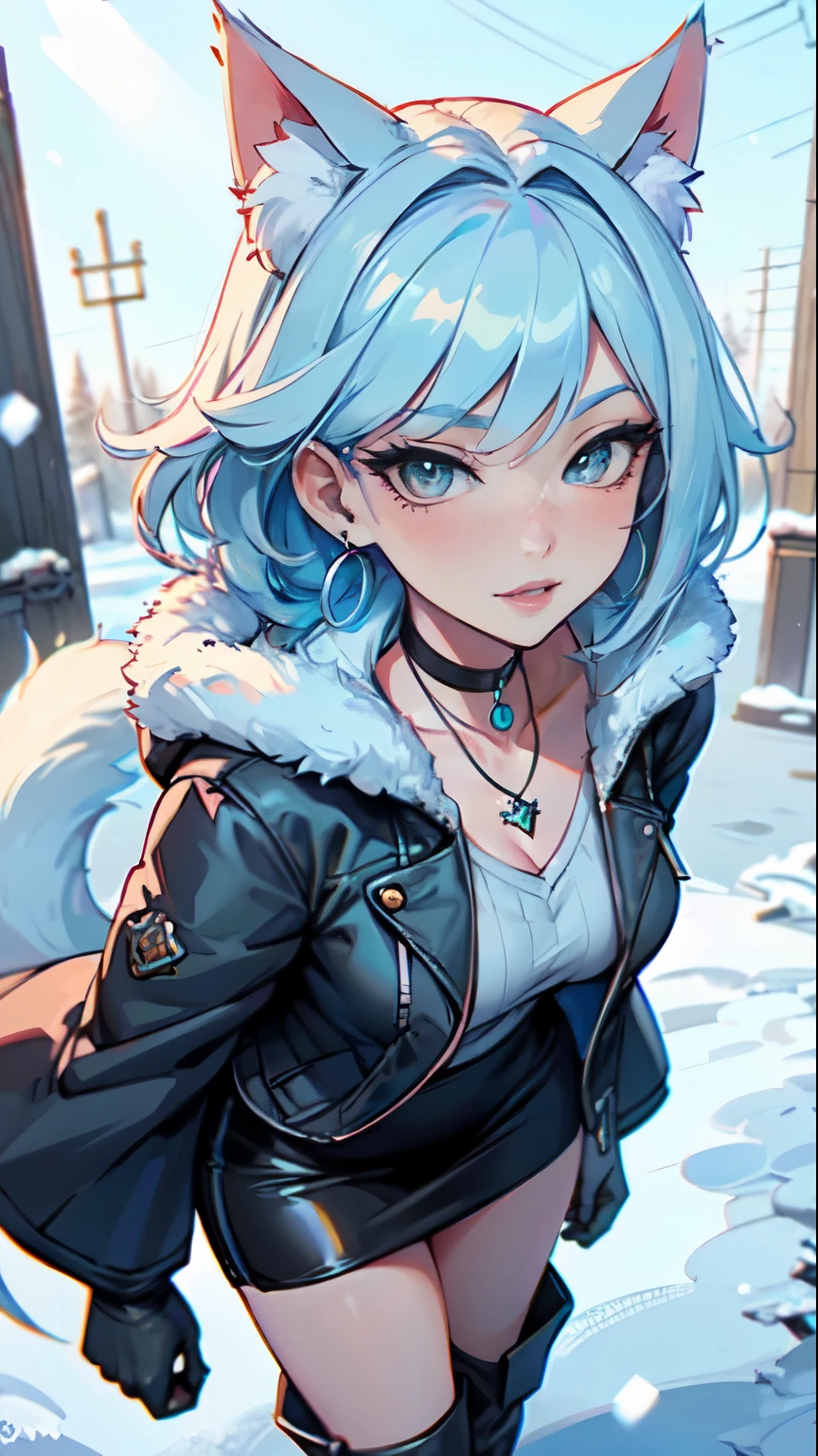 Masterpiece, beautiful art, professional artist, 8k, art style by sciamano240, very detailed face, very detailed hair, very detailed clothes, 1girl, perfectly drawn body, beautiful face, long hair, light blue hair , very detailed blue vertical cat eyes, square glasses, pouty lips , rosey cheeks, intricate details in eyes, extreme close up of face, see only head and neck, staring directly at viewer, wearing cute winter clothes, winter coat, necklace, choker, earrings, gloves, pencil skirt, black tigh boots, some freckles, big wide grin, in love with the viewer expression, sunny winter setting, walking outside,