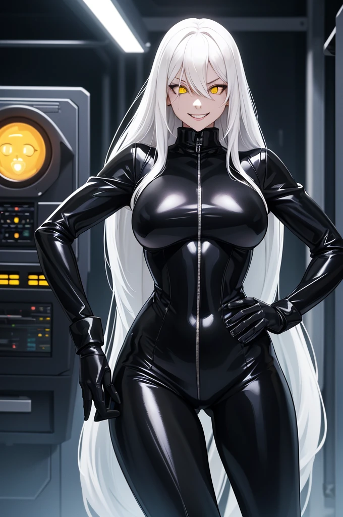 robotic woman, black rubber bodysuit, long black rubber boots, long black rubber gloves, White lab jacket, Long white hair, evil mad smile, shadow over eyes, yellow glowing eyes, wires attach on back, machines on back.