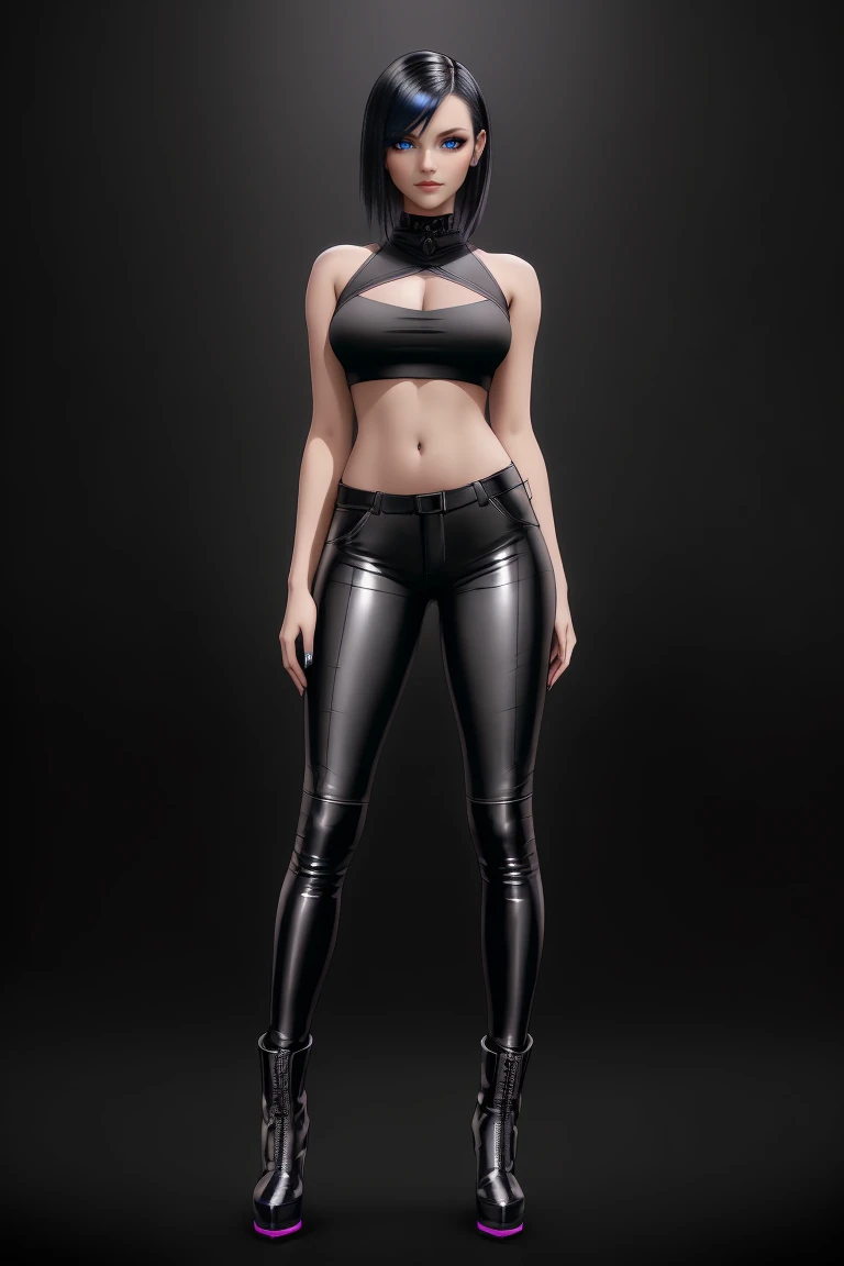 beautiful girl, ((standing:1.4)), (confident gaze:1.1), full body, short bright neon streaked black hair, ((realistic highly detailed eyes:1.4)), ((seductive pose:1.2)), black eyeshadow, (street style wear:1.2), ((tight fitted pants)), ((knee high leather boots)), (dark city night black background:1.4), dark makeup, digital art, trending on artstation, highly detailed, fine detail, intricate, detailed facial features, sharp focus, smooth, aesthetic,(dark plain black background:1.4))