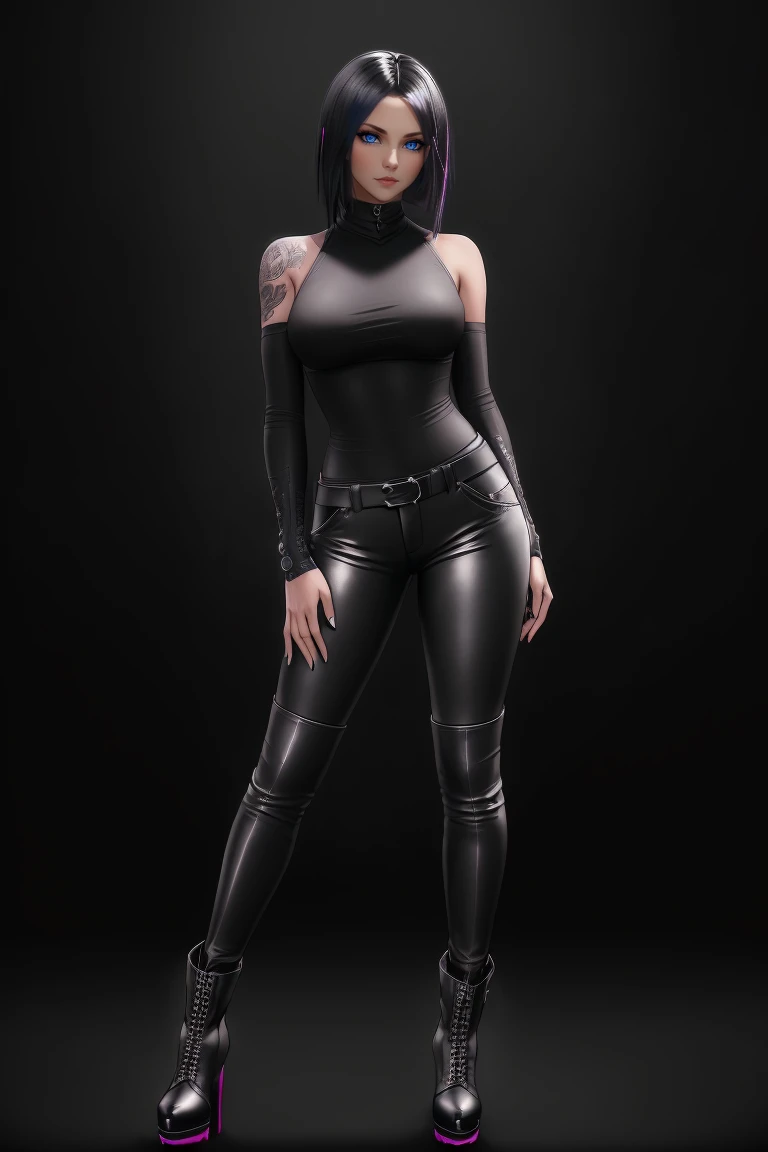 beautiful girl, ((standing:1.4)), (confident gaze:1.1), full body, short bright neon streaked black hair, ((realistic highly detailed eyes:1.4)), ((seductive pose:1.2)), black eyeshadow, (street style wear:1.2), ((tight fitted pants)), ((knee high leather boots)), (dark city night black background:1.4), dark makeup, digital art, trending on artstation, highly detailed, fine detail, intricate, detailed facial features, sharp focus, smooth, aesthetic,(dark plain black background:1.4))