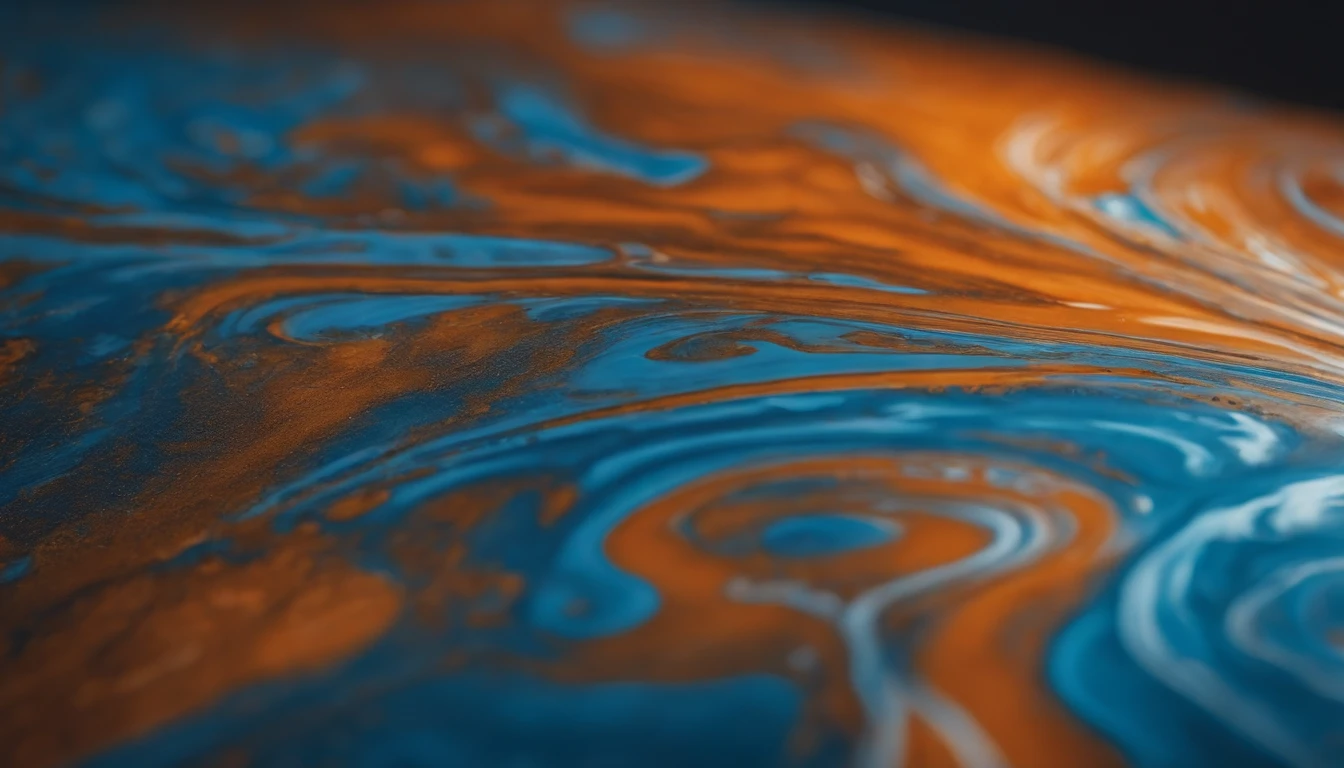 a close-up shot of an abstract acrylic paint background in blue and orange tones, showcasing the intricate patterns and swirls of the liquid marble texture