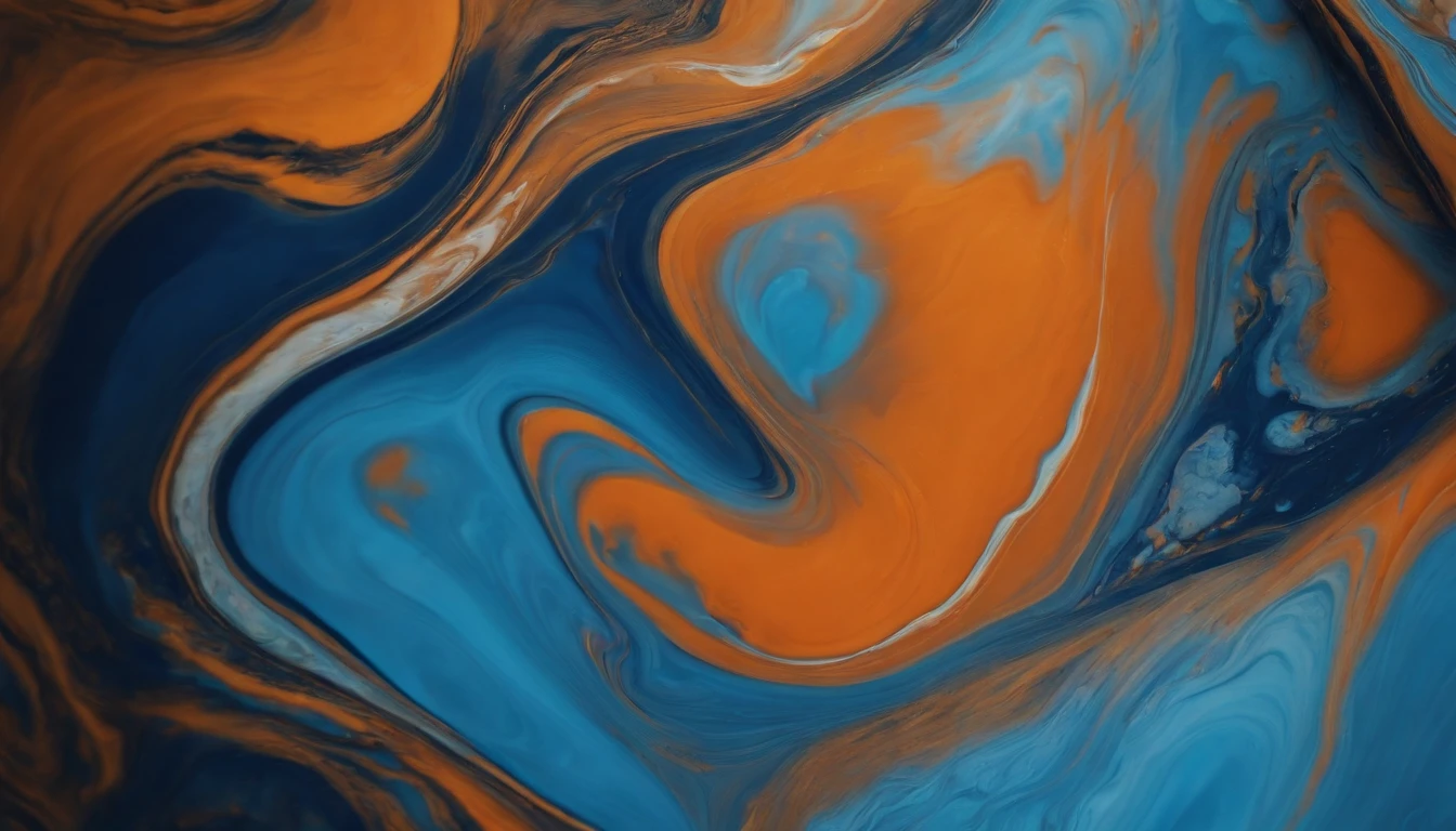 a close-up shot of an abstract acrylic paint background in blue and orange tones, showcasing the intricate patterns and swirls of the liquid marble texture