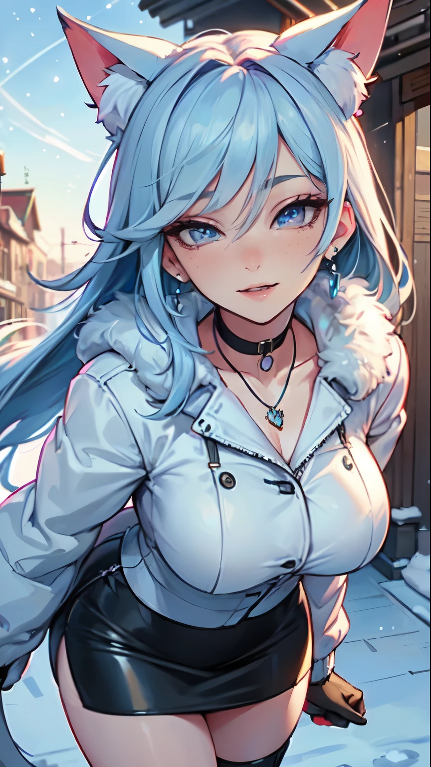 Masterpiece, beautiful art, professional artist, 8k, art style by sciamano240, very detailed face, very detailed hair, very detailed clothes, 1girl, perfectly drawn body, beautiful face, long hair, light blue hair , very detailed blue vertical cat eyes, square glasses, pouty lips , rosey cheeks, intricate details in eyes, extreme close up of face, see only head and neck, staring directly at viewer, wearing cute winter clothes, winter coat, necklace, choker, earrings, gloves, pencil skirt, black tigh boots, some freckles, big wide grin, in love with the viewer expression, sunny winter setting, walking outside,