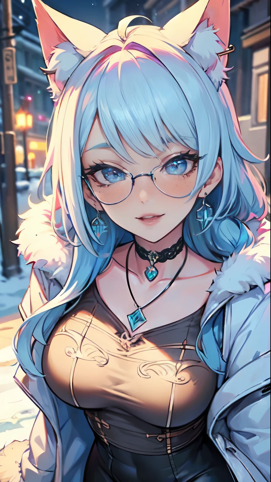 Masterpiece, beautiful art, professional artist, 8k, art style by sciamano240, very detailed face, very detailed hair, very detailed clothes, 1girl, perfectly drawn body, beautiful face, long hair, light blue hair , very detailed blue vertical cat eyes, square glasses, pouty lips , rosey cheeks, intricate details in eyes, extreme close up of face, see only head and neck, staring directly at viewer, wearing cute winter clothes, winter coat, necklace, choker, earrings, gloves, pencil skirt, black tigh boots, some freckles, big wide grin, in love with the viewer expression, sunny winter setting, walking outside,