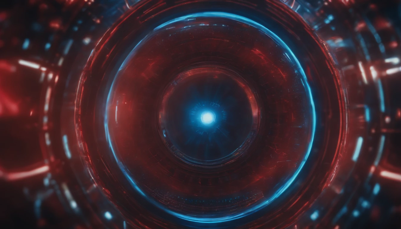 a close-up shot of a red and blue blurred wormhole interface, showcasing the intricate details of swirling colors and futuristic graphical elements
