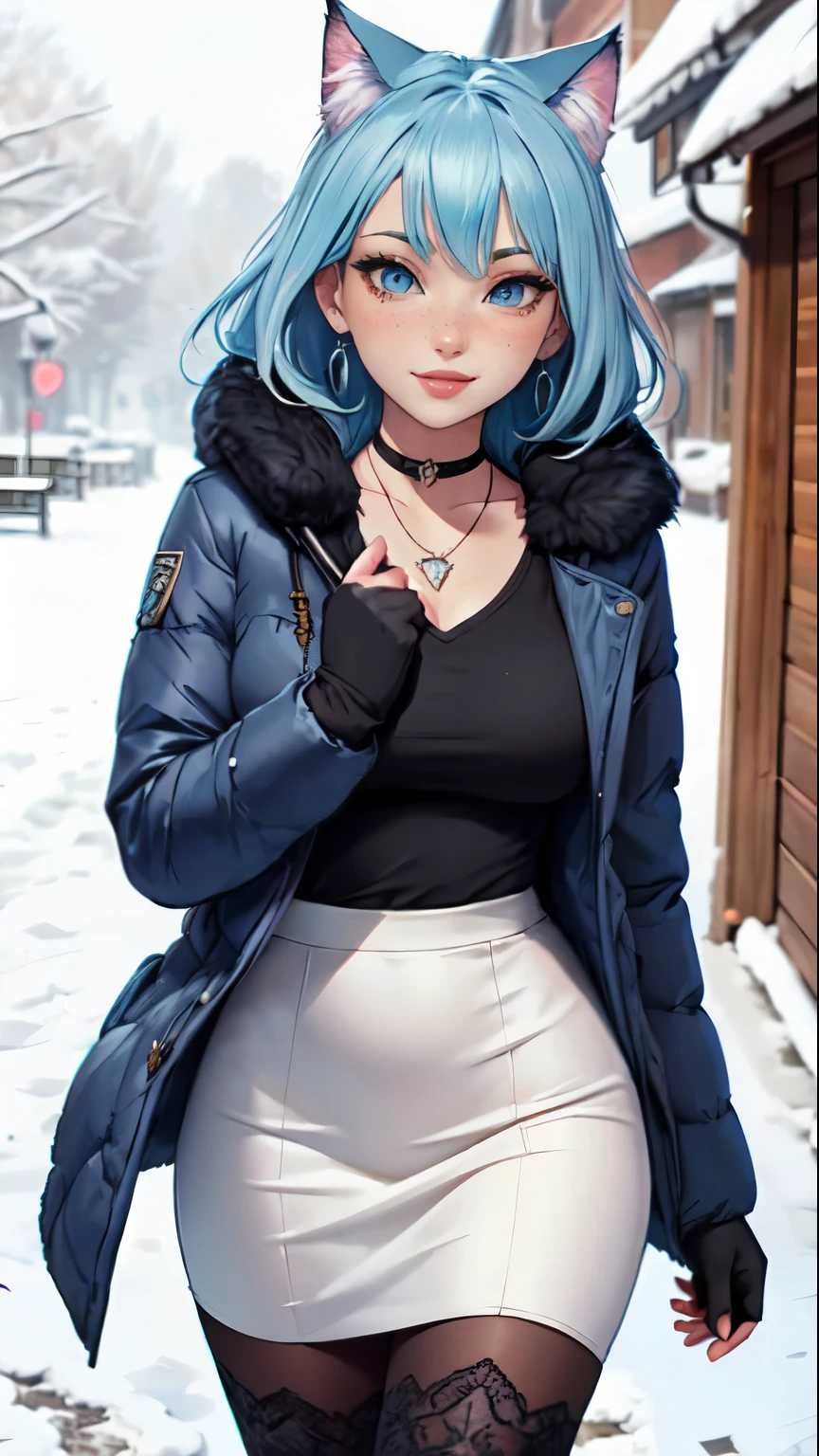 Masterpiece, beautiful art, professional artist, 8k, art style by sciamano240, very detailed face, very detailed hair, very detailed clothes, 1girl, perfectly drawn body, beautiful face, long hair, light blue hair , very detailed blue vertical cat eyes, square glasses, pouty lips , rosey cheeks, intricate details in eyes, extreme close up of face, see only head and neck, staring directly at viewer, wearing cute winter clothes, winter coat, necklace, choker, earrings, gloves, pencil skirt, black tigh boots, some freckles, big wide grin, in love with the viewer expression, sunny winter setting, walking outside,