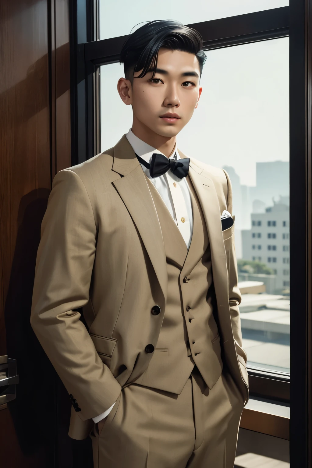handsome young Asian man wearing 1930s suit, very short hair with undercut