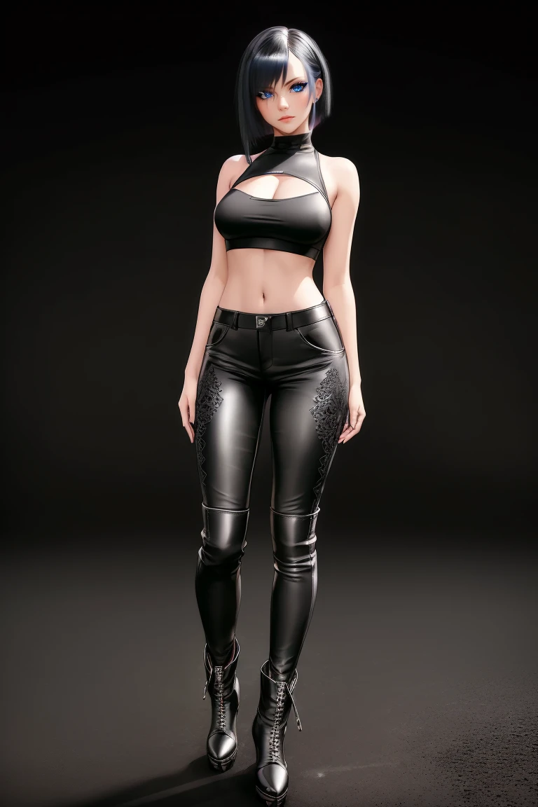 beautiful girl, ((standing:1.4)), (confident gaze:1.1), full body, short bright neon streaked black hair, ((realistic highly detailed eyes:1.4)), ((seductive pose:1.2)), black eyeshadow, (street style wear:1.2), ((tight fitted pants)), ((knee high leather boots)), dark makeup, digital art, trending on artstation, highly detailed, fine detail, intricate, detailed facial features, sharp focus, smooth, aesthetic,(dark plain black background:1.4))