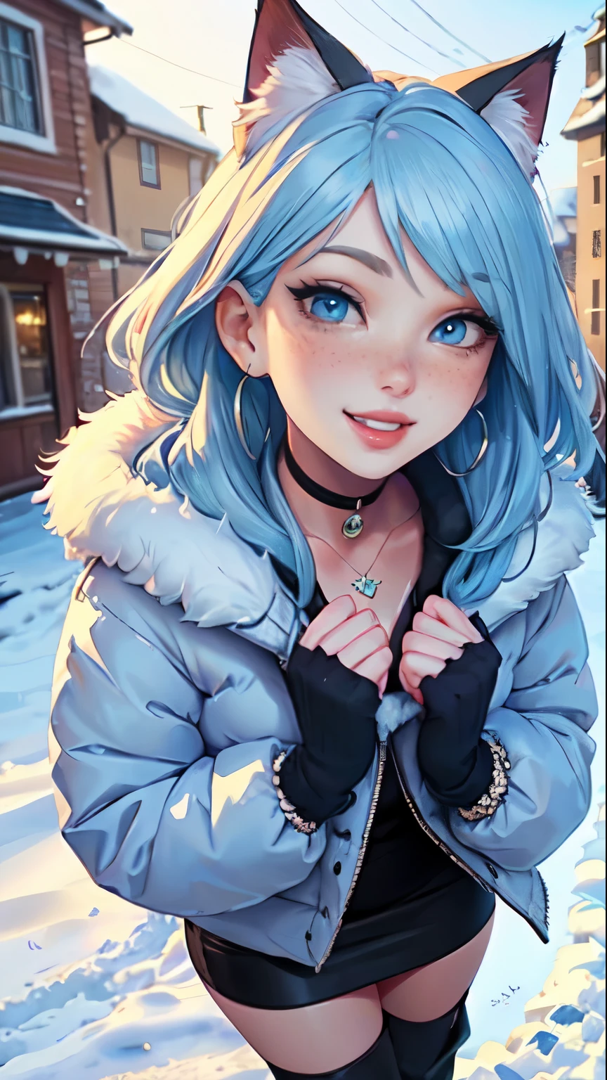 Masterpiece, beautiful art, professional artist, 8k, art style by sciamano240, very detailed face, very detailed hair, very detailed clothes, 1girl, perfectly drawn body, beautiful face, long hair, light blue hair , very detailed blue vertical cat eyes, square glasses, pouty lips , rosey cheeks, intricate details in eyes, extreme close up of face, see only head and neck, staring directly at viewer, wearing cute winter clothes, winter coat, necklace, choker, earrings, gloves, pencil skirt, black tigh boots, some freckles, big wide grin, in love with the viewer expression, sunny winter setting, walking outside,