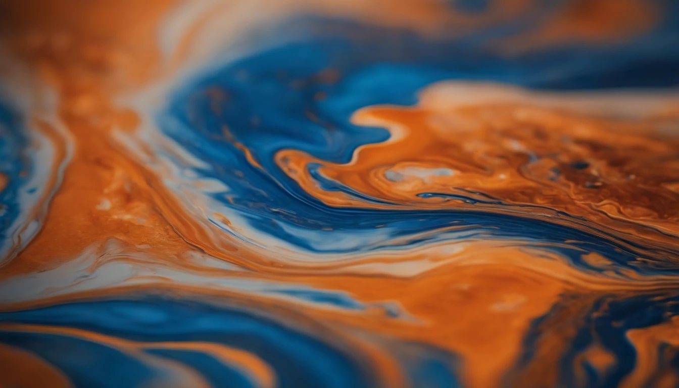 a macro shot of the surface of an abstract acrylic paint background in blue and orange tones, highlighting the intricate details and textures of the liquid marble pattern