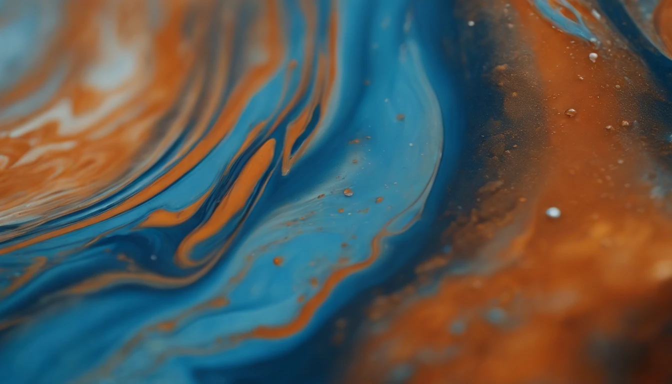 a macro shot of the surface of an abstract acrylic paint background in blue and orange tones, highlighting the intricate details and textures of the liquid marble pattern