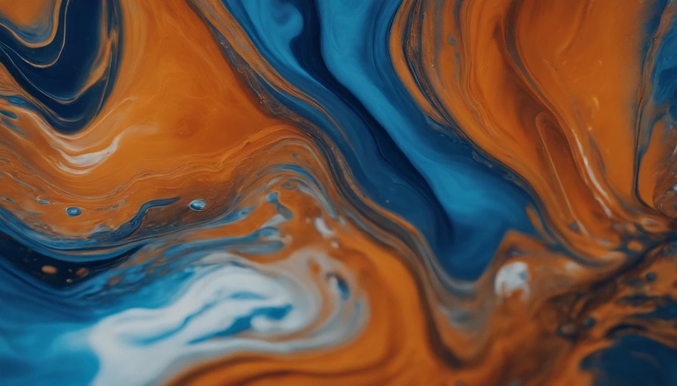 a creative shot of an abstract acrylic paint background in blue and orange tones, showcasing the fluidity and movement of the liquid marble texture as it blends and interacts with each other