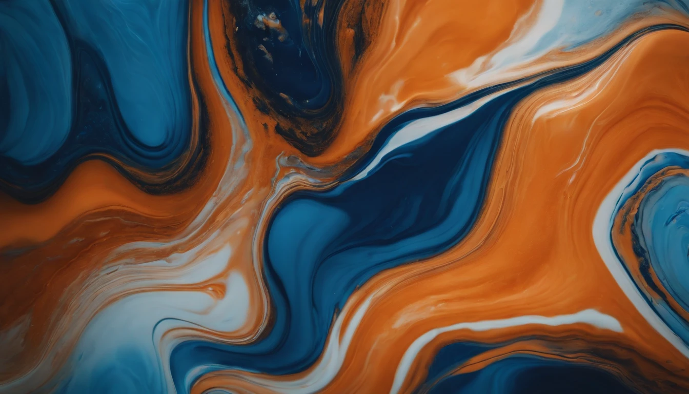 a creative shot of an abstract acrylic paint background in blue and orange tones, showcasing the fluidity and movement of the liquid marble texture as it blends and interacts with each other