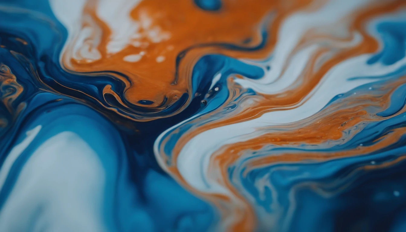 a creative shot of an abstract acrylic paint background in blue and orange tones, showcasing the fluidity and movement of the liquid marble texture as it blends and interacts with each other