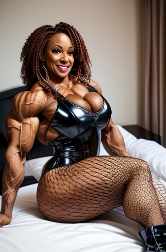 40 year old akilah female bodybuilder, big thighs, (full body fishnets), high heels, latex boots, lying on bed, ((full body shot))