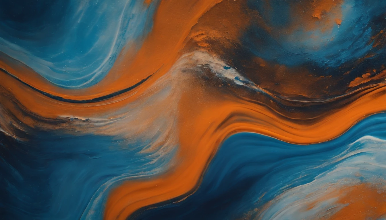 a detail shot of an abstract acrylic paint background in blue and orange tones, emphasizing the contrasting colors and the depth created by the layers of paint