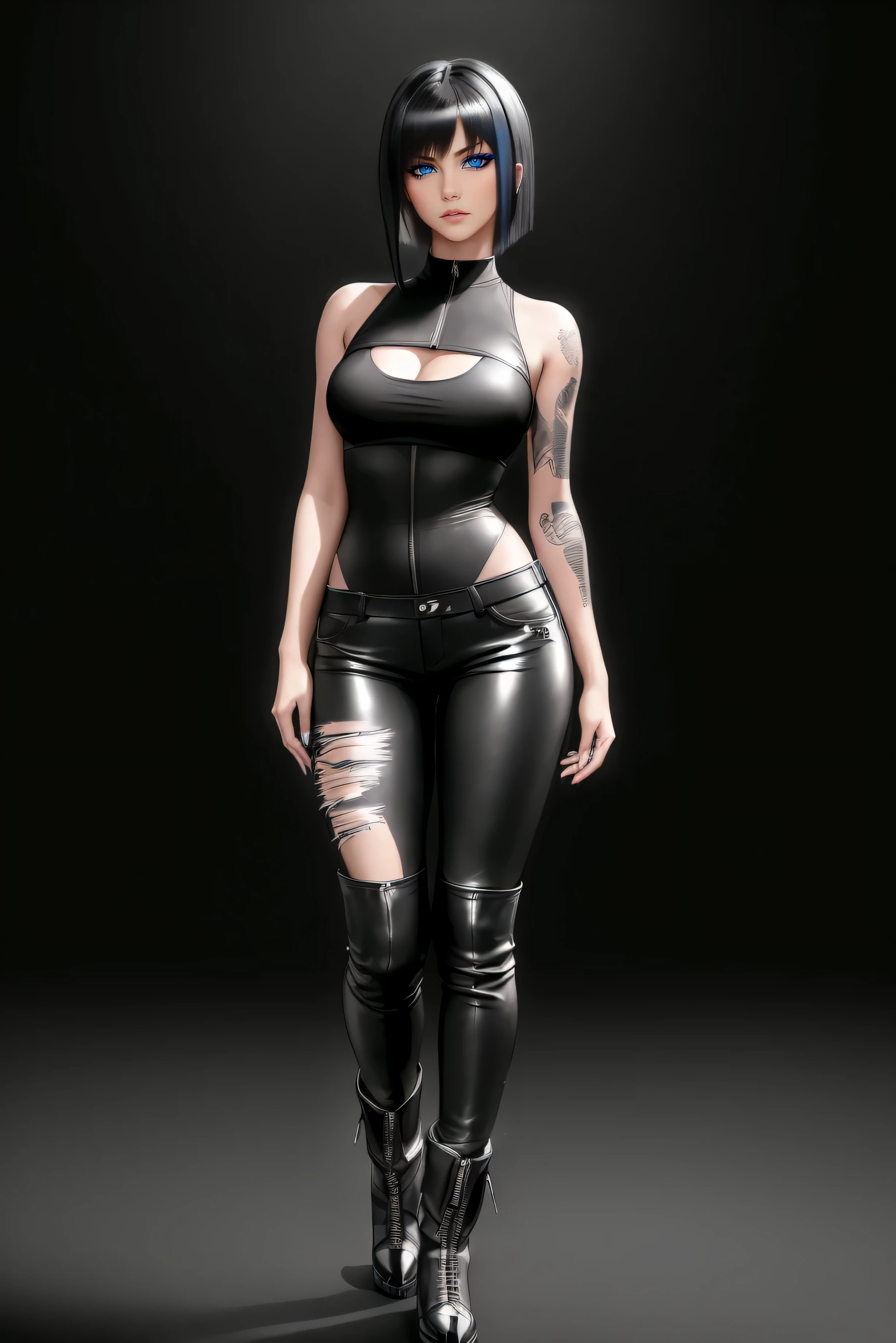 beautiful girl, ((standing:1.4)), (confident gaze:1.1), full body, short bright neon streaked black hair, ((realistic highly detailed eyes:1.4)), ((seductive pose:1.2)), black eyeshadow, (street style wear:1.2), ((tight fitted pants)), ((knee high leather boots)), dark makeup, digital art, trending on artstation, highly detailed, fine detail, intricate, detailed facial features, sharp focus, smooth, aesthetic,(dark plain black background:1.4))