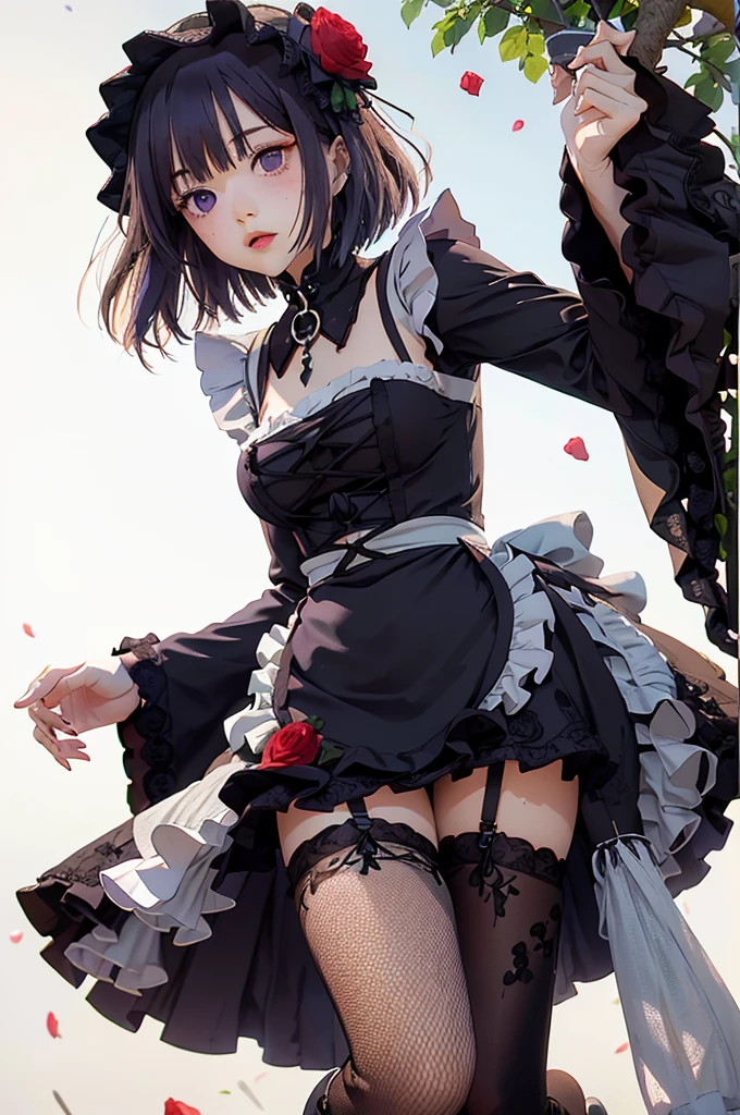 (((Young White Woman))), ((Best Quality)), ((Masterpiece)), (Detail: 1.4), 3D,MarinLora, blush, short hair, black hair, hair ornament, thighhighs, long sleeves, dress, purple eyes, purple hair, flower, pantyhose, hairband, frills, hair flower, wide sleeves, apron, black dress, , rose, floral print, lace, lolita fashion, gothic lolita (((hair flower, wide sleeves, apron, black dress, , rose, floral print, lace, lolita fashion, gothic lolita))), pastel, Centered, scale to fit the dimensions, nffsw (High dynamic range),Ray tracing,NVIDIA RTX,Hyper-Resolution,Unreal 5,Subsurface Dispersion, PBR Texture, Post-processing, Anisotropy Filtering, depth of fields, Maximum clarity and sharpness, Multilayer textures, Albedo and specular maps, Surface Shading, accurate simulation of light and material interactions, Perfect proportions, Octane Render, Two-tone lighting, Wide aperture, Low ISO, White Balance, thirds rule, 8K Raw, Crysisnanosuit,loraeyes,nijistyle,pantyhose, freckles, nsfw, sexual pose ,High detailed, 300dpi, pornstar, ((((white background))), (((sexy pose)), ((fullbody))