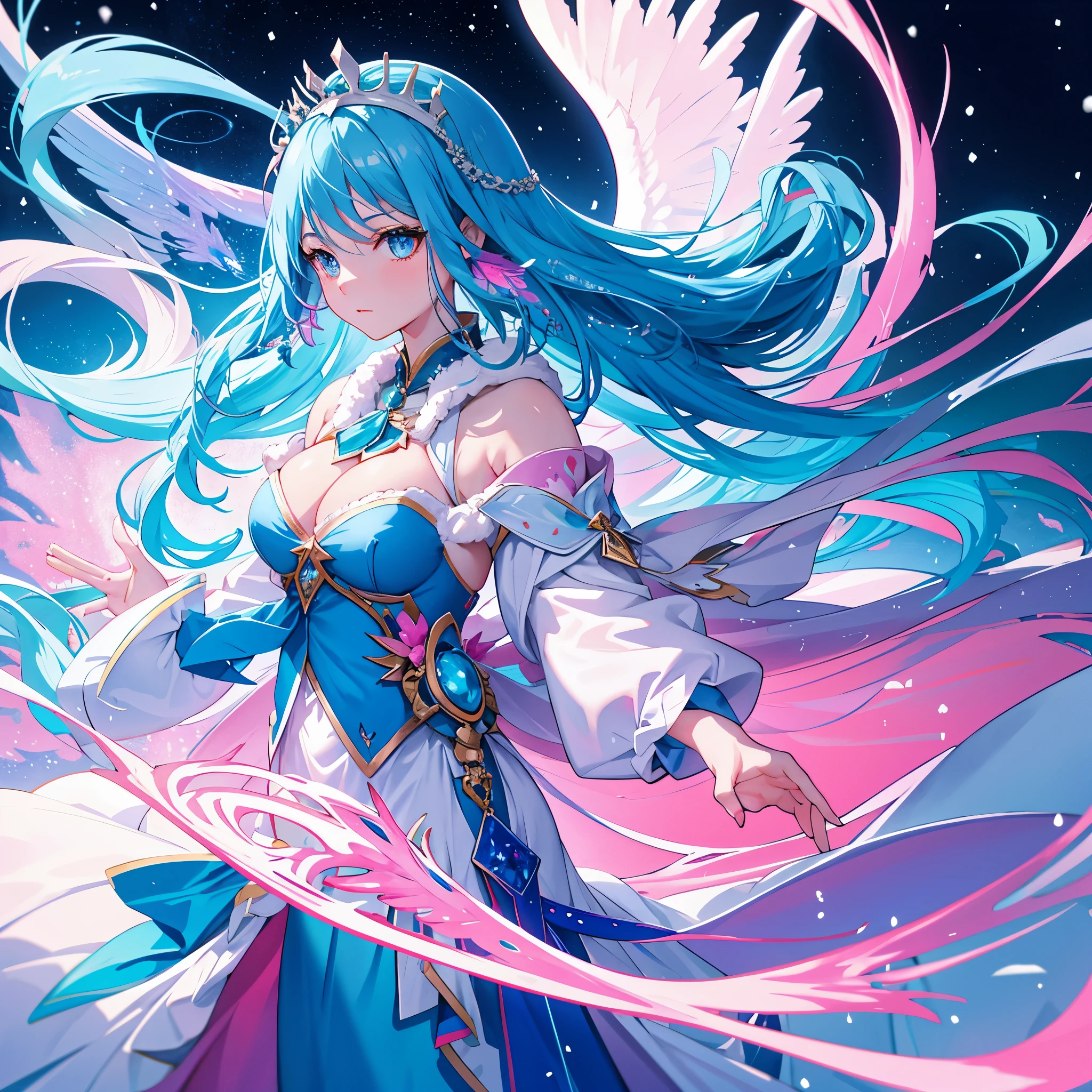 In a land of and snow, a lonely queen, with pink and blue curls and eyes, and huge blue phoenix wings on her back, dressed conservatively, her eyes cold, and a sword in one hand