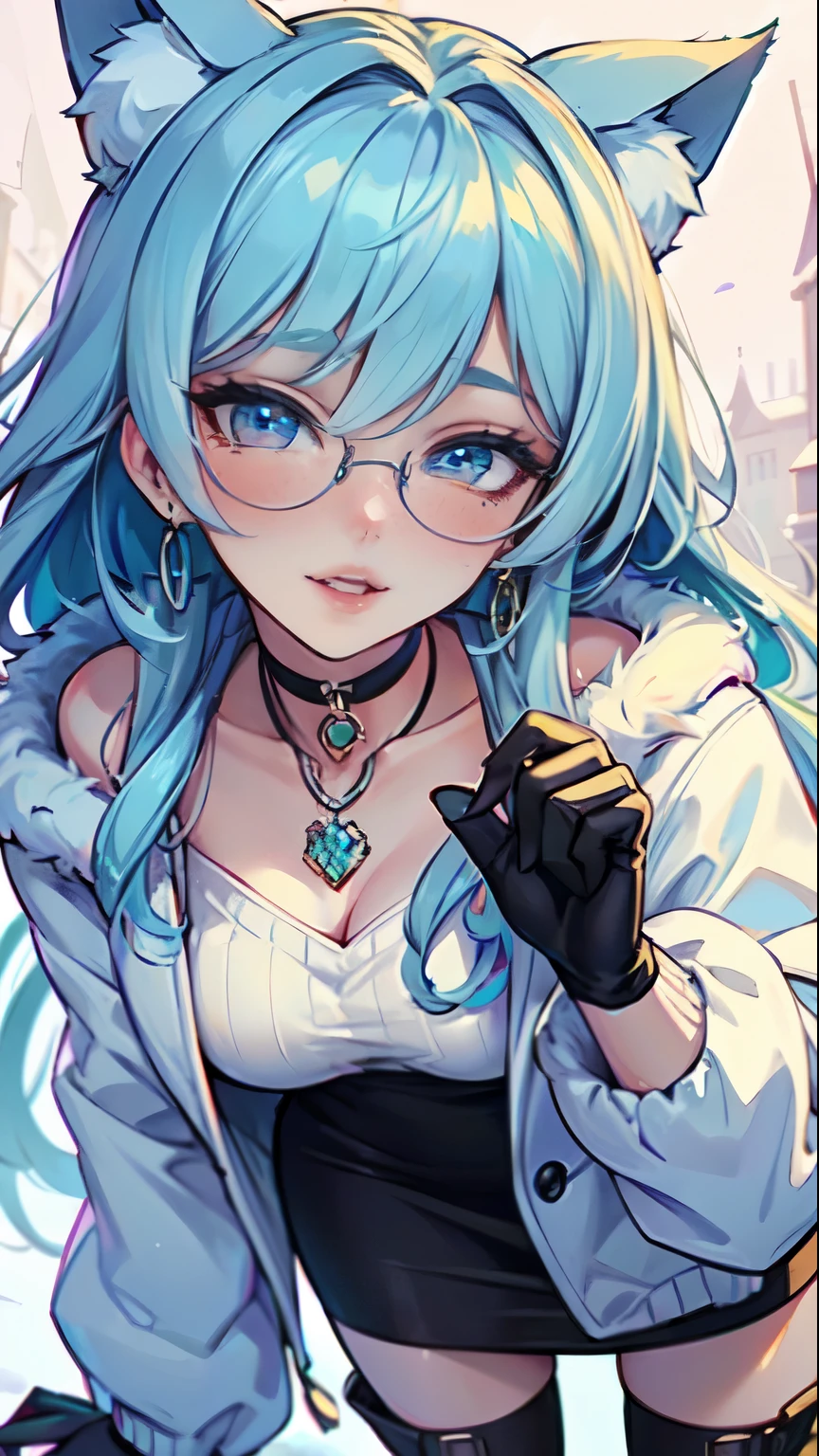 Masterpiece, beautiful art, professional artist, 8k, art style by sciamano240, very detailed face, very detailed hair, very detailed clothes, 1girl, perfectly drawn body, beautiful face, long hair, light blue hair , very detailed blue vertical cat eyes, square glasses, pouty lips , rosey cheeks, intricate details in eyes, extreme close up of face, see only head and neck, staring directly at viewer, wearing cute winter clothes, winter coat, necklace, choker, earrings, gloves, pencil skirt, black tigh boots, some freckles, big wide grin, in love with the viewer expression, sunny winter setting, pov standing outside while leaning in for a kiss,
