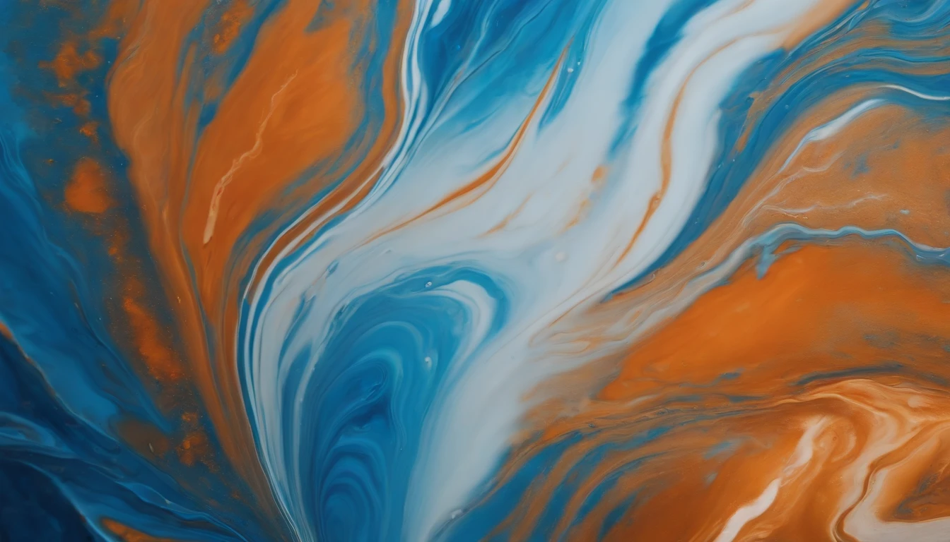 an image of an abstract acrylic paint background in blue and orange tones, capturing the vibrant and dynamic energy of the liquid marble texture
