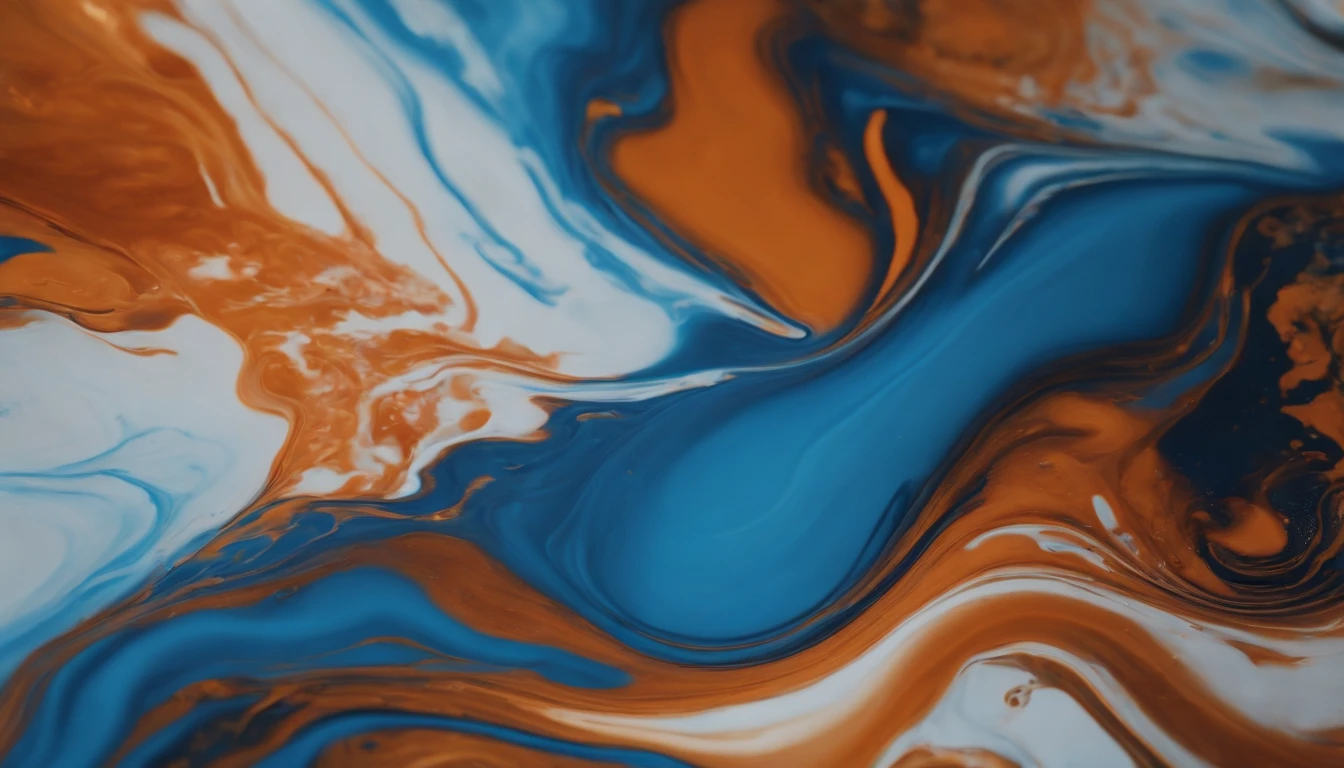 a dynamic action shot of the process of creating an abstract acrylic paint background in blue and orange tones, showcasing the flow of the paint and the formation of the liquid marble pattern