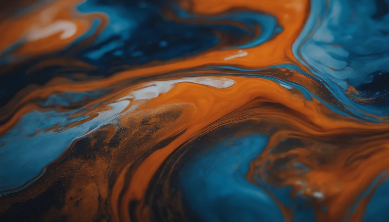 a dynamic action shot of the process of creating an abstract acrylic paint background in blue and orange tones, showcasing the flow of the paint and the formation of the liquid marble pattern